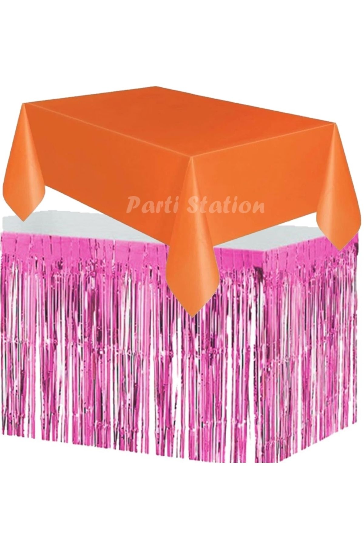 Partifest Masa Örtüsü ve Masa Eteği Set Plastik Turuncu Renk Masa Örtüsü Pembe Renk Metalize Masa Eteği Set