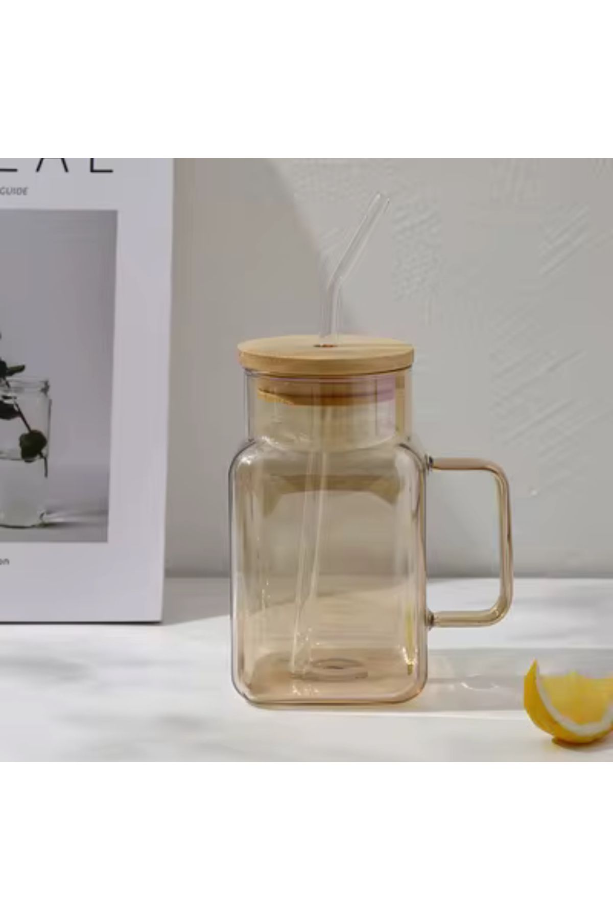 BKC HOME Bambu Kapaklı Cam Pipetli Mega Boy Bardak Mini Boy Sürahi 650 ML