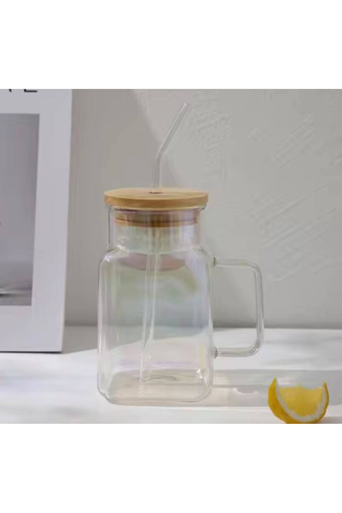 BKC HOME Bambu Kapaklı Cam Pipetli Mega Boy Bardak Mini Boy Sürahi 650 ML