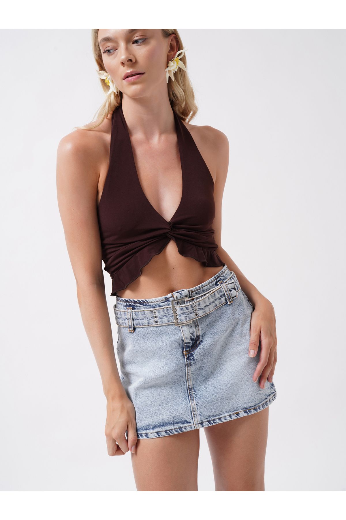 Black Fashion Kemer Detay Denim Mini Açık Mavi Etek