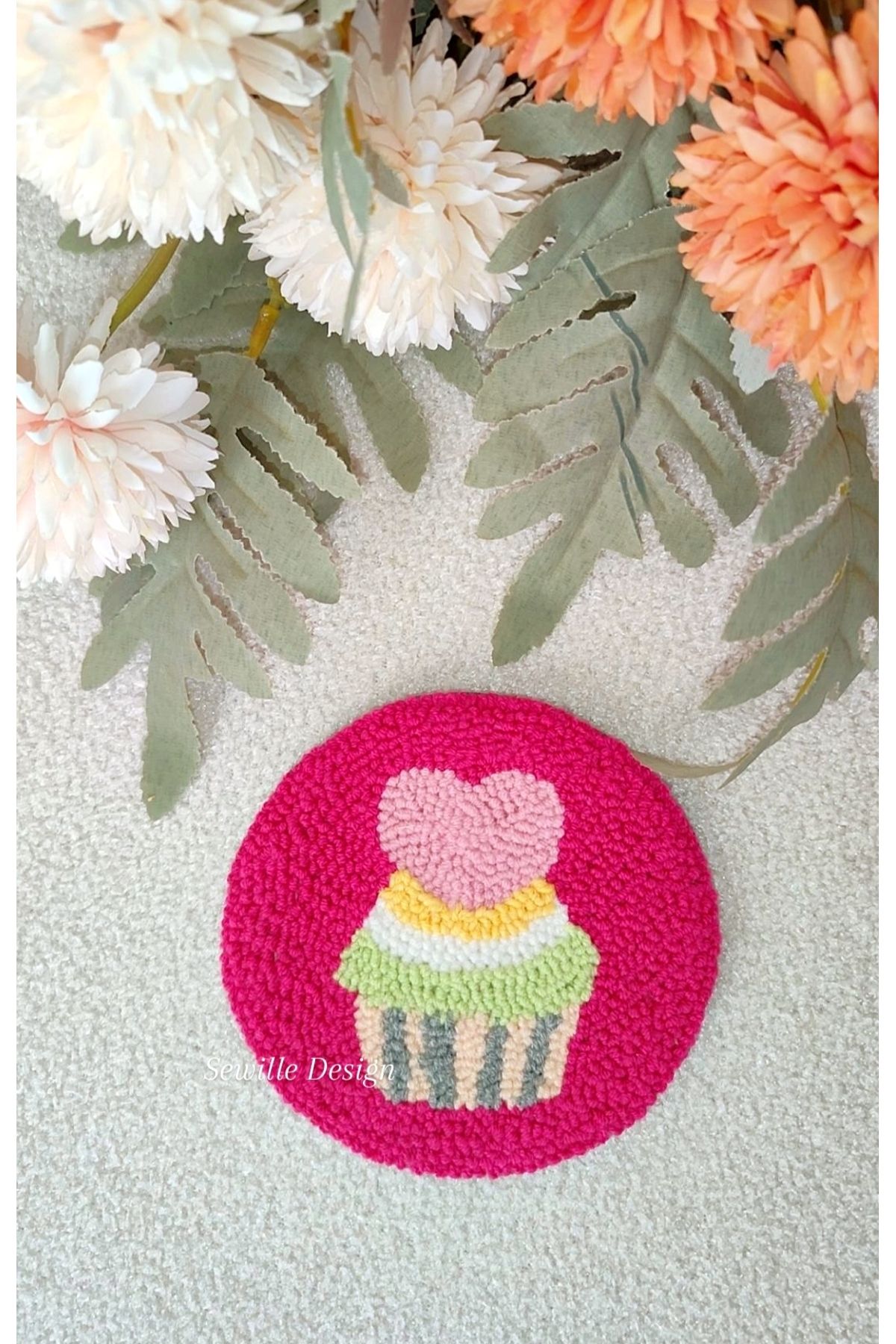 Sewille Design Hand Made Punch İşlemeli Cupcakeli Bardak Altlığı 10 cm , 1 adet