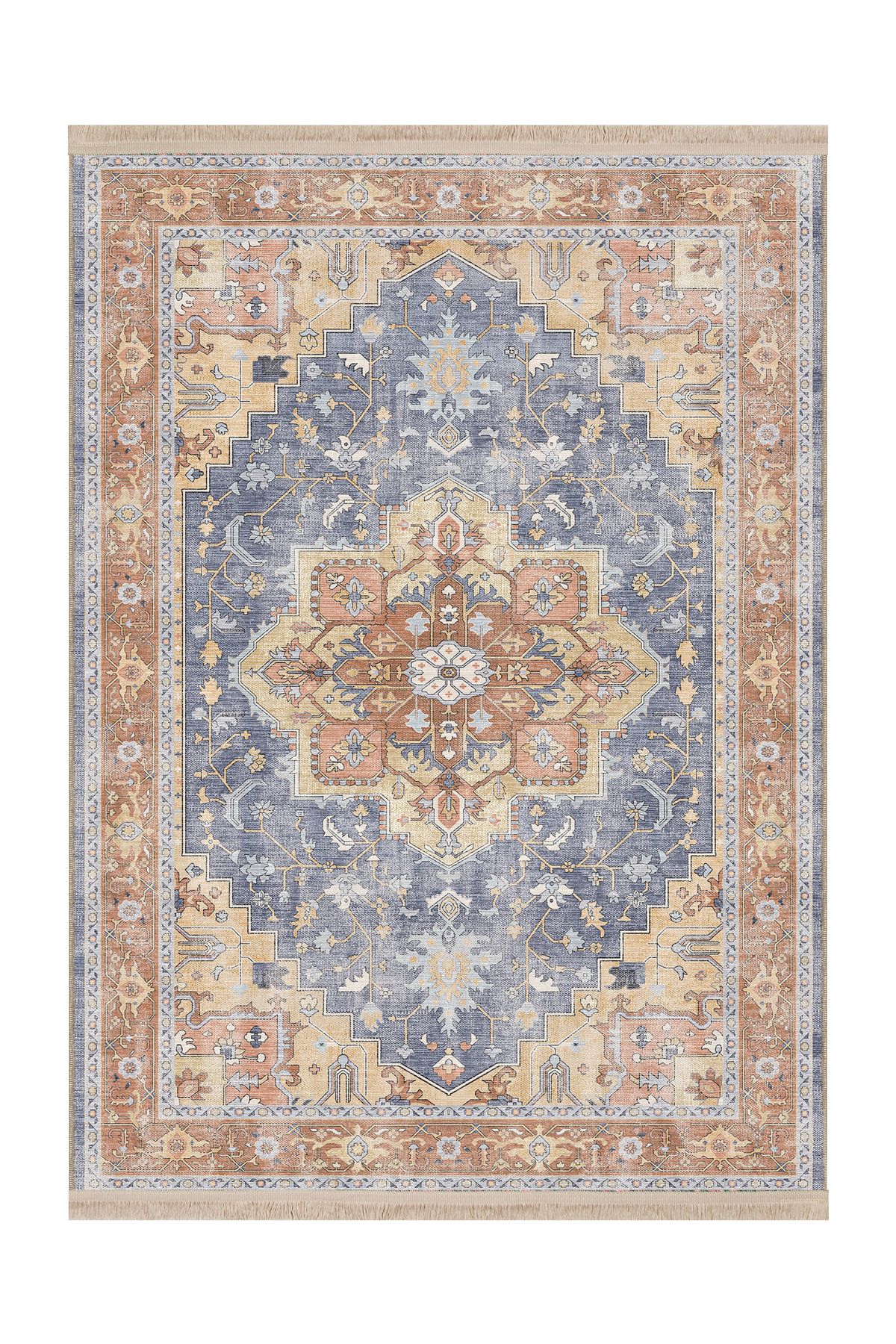 Rugs Modern Halı Mottos Koleksiyonu Mavi Bej Tonlar Etnik Detaylı Klasik Desenli Dokuma Taban Dekoratif Halı mottos24