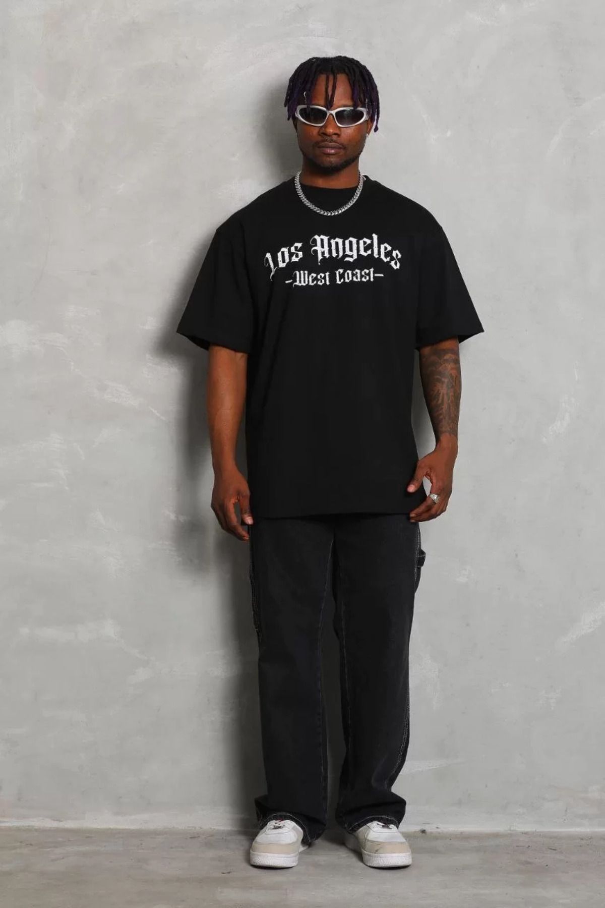 FantaziAtölyesi Unisex Oversize Baskılı Bisiklet Yaka T-Shirt - Siyah