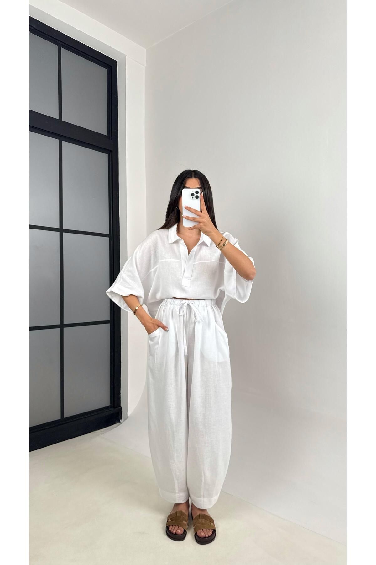 Gaus Beyaz Polo Yaka Yarasa Kol Bluz Şalvar Pantolon Md Muadil Premium Keten Takım Gaus00542