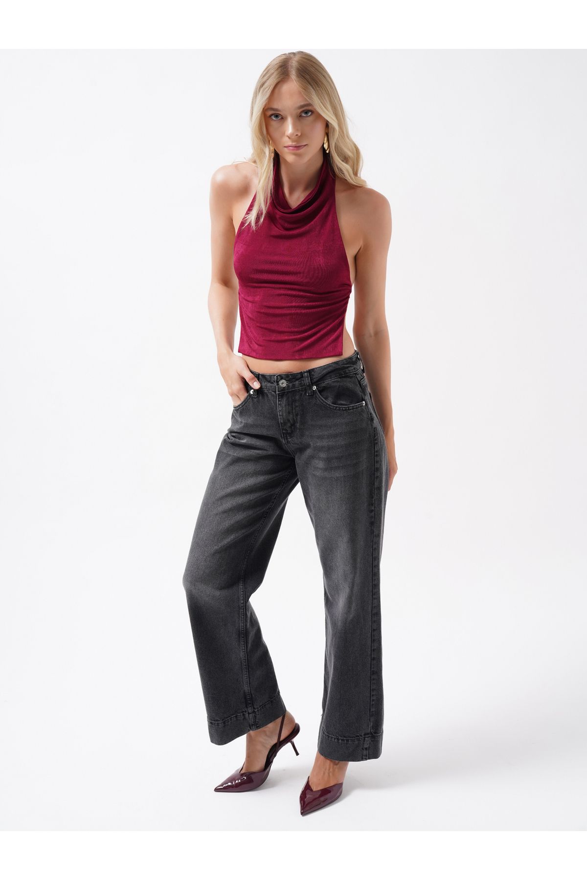 Black Fashion Double Paça Yüksek Bel Siyah Jean