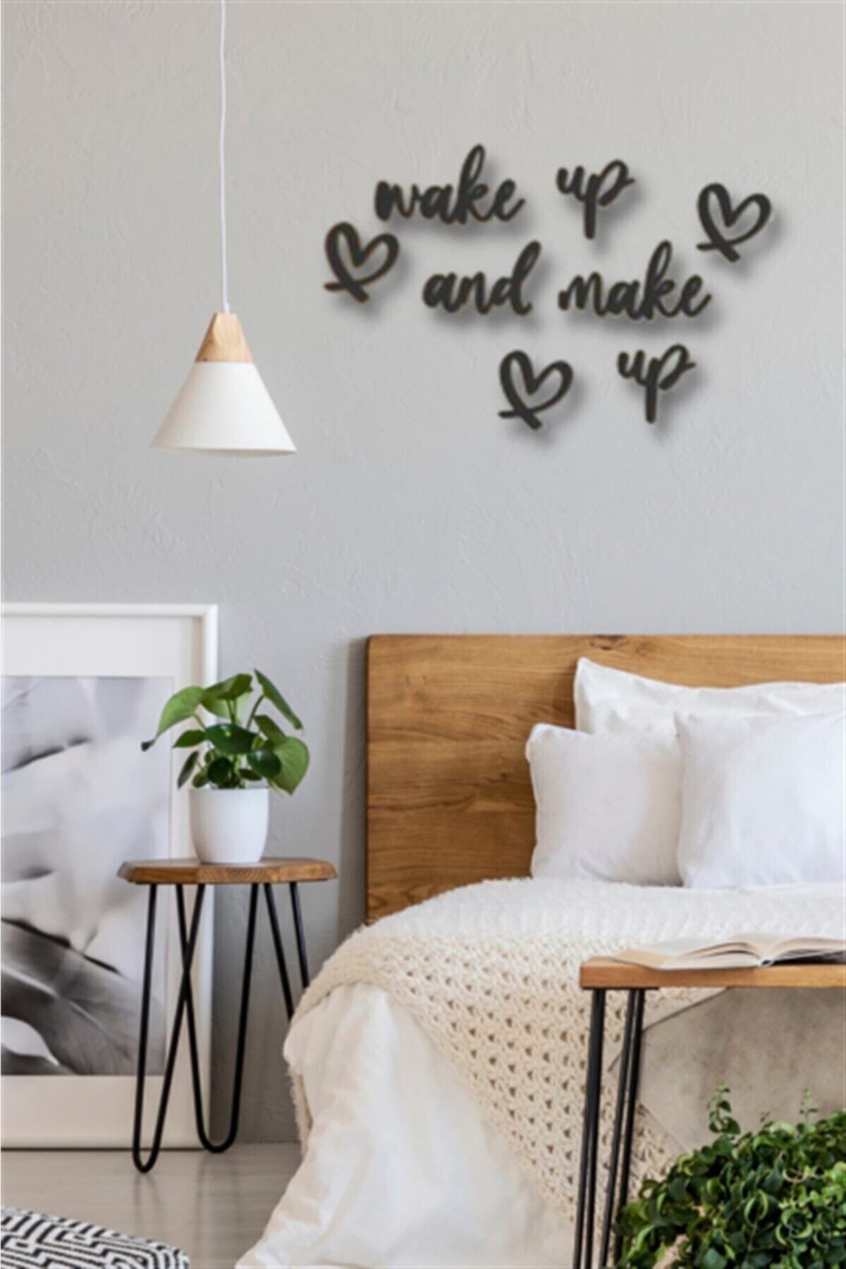 Elioure Siyah Ahşap Wake Up And Make Up Duvar Dekoru, 45x70 cm, Salon ve Yatak Odası İçin
