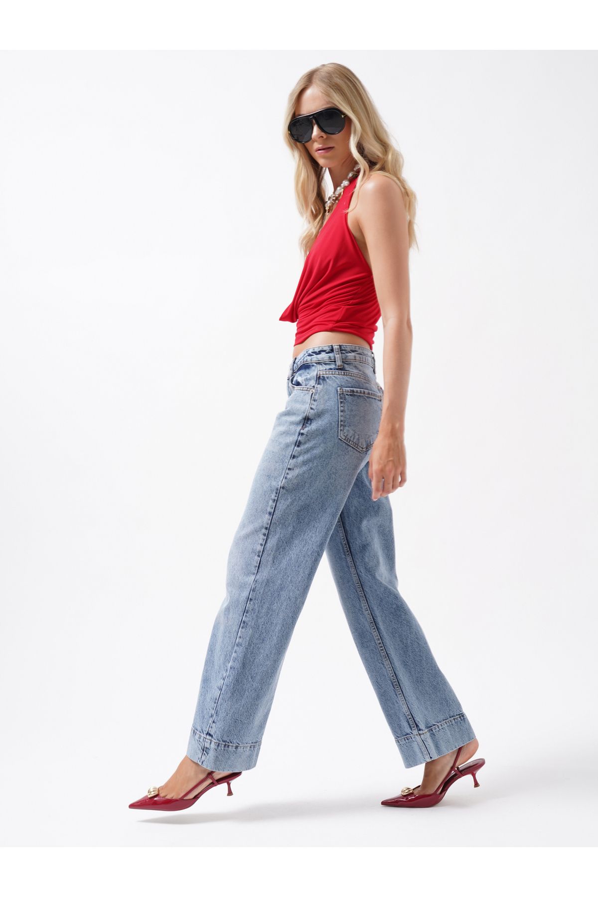 Black Fashion Double Paça Yüksek Bel Mavi Jean