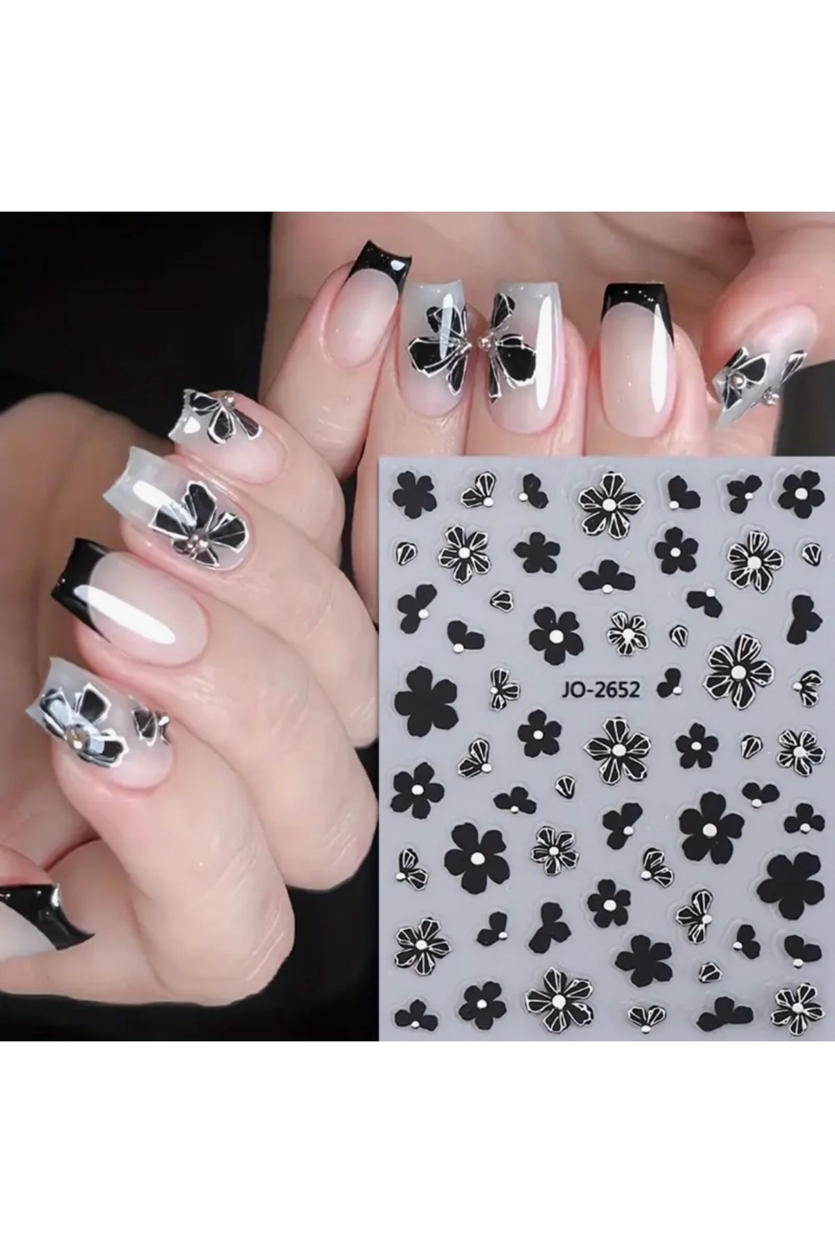 AEÇTASARIM Gümüş Yaldızlı Siyah Çiçekler Tırnak Süsleme Stickerı, Nail Art Süslemeleri