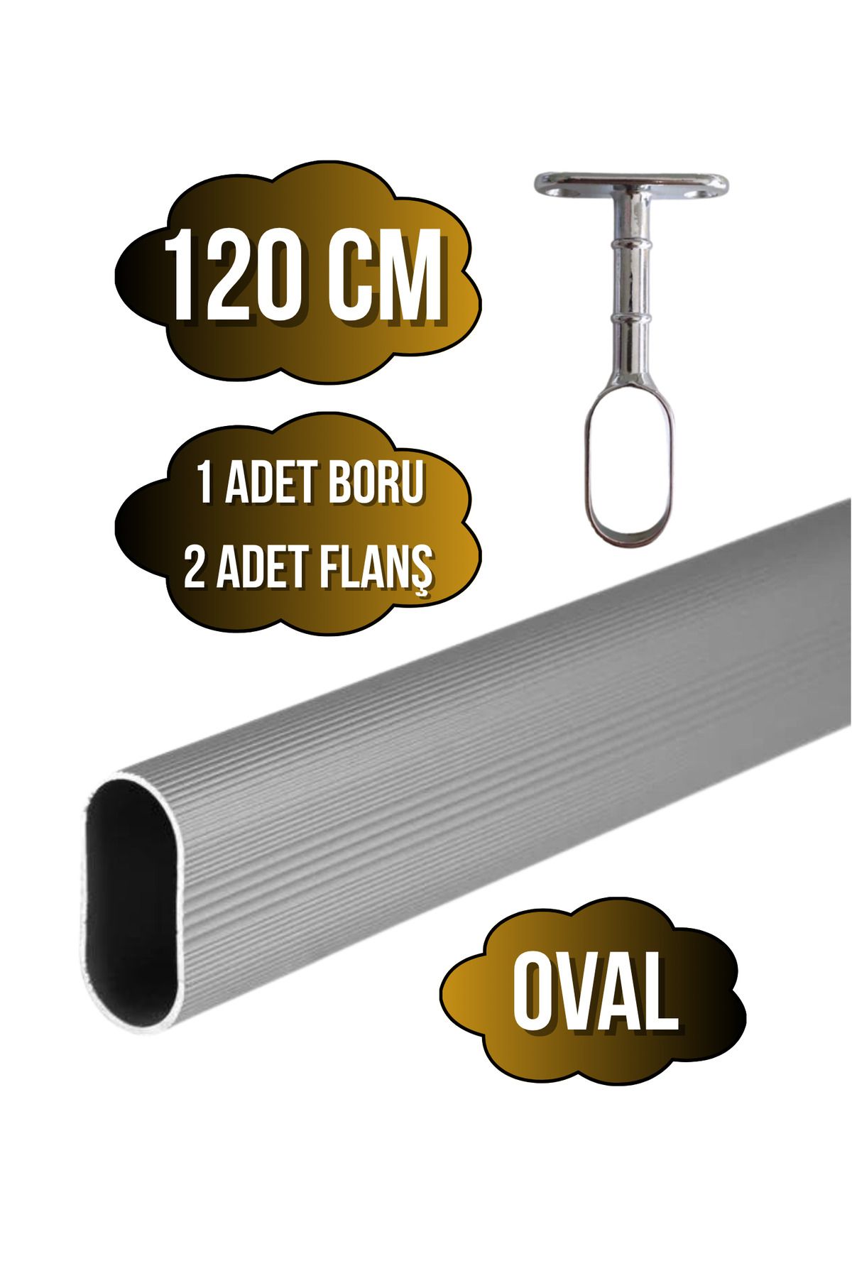 DSYapıAksesuar Alüminyum OVAL Dolap Mobilya Askı Borusu(120CM)(2 ADET AYAKLI AÇIK FLANŞ-1 ADET BORU)(ALÜMİNYUM)