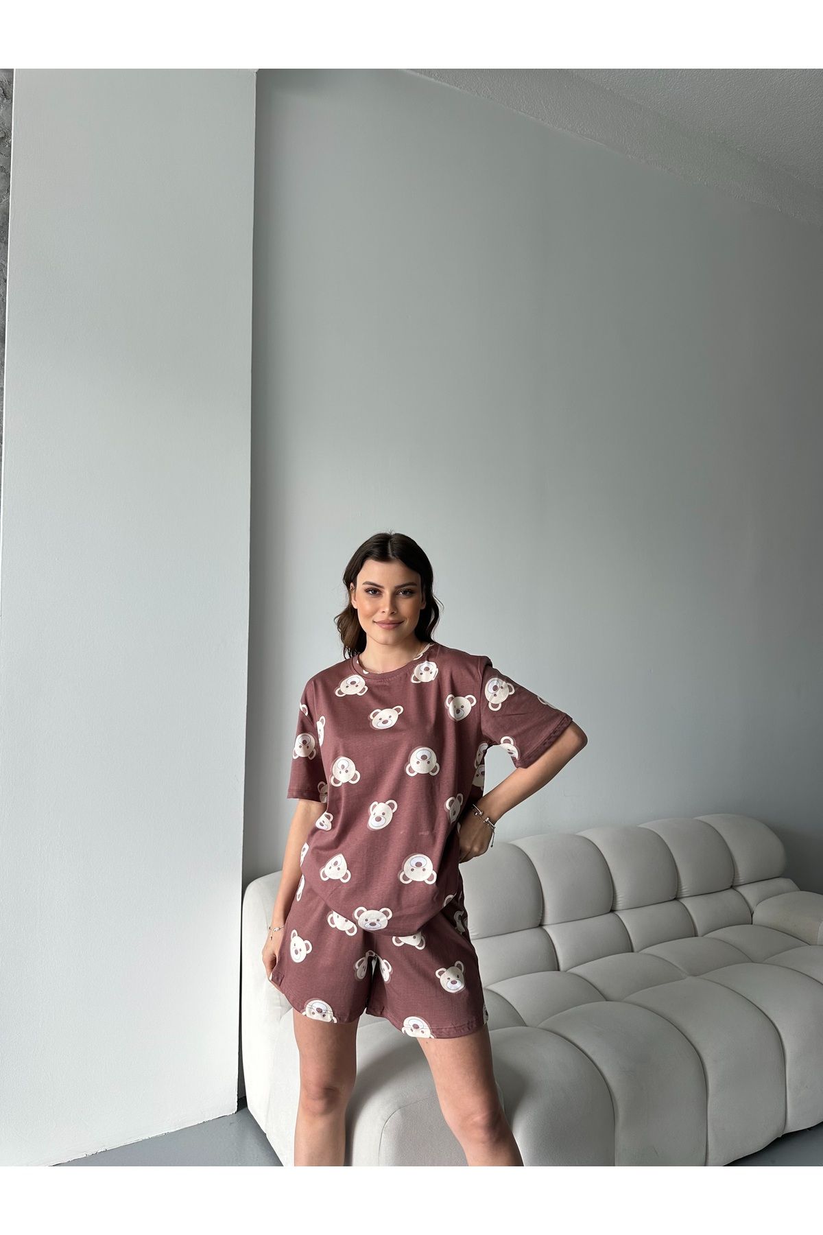 RPT MODA Organik Pamuklu Sevimli Ayıcık Baskılı Kısa Kollu Şortlu Kadın Pijama Takımı