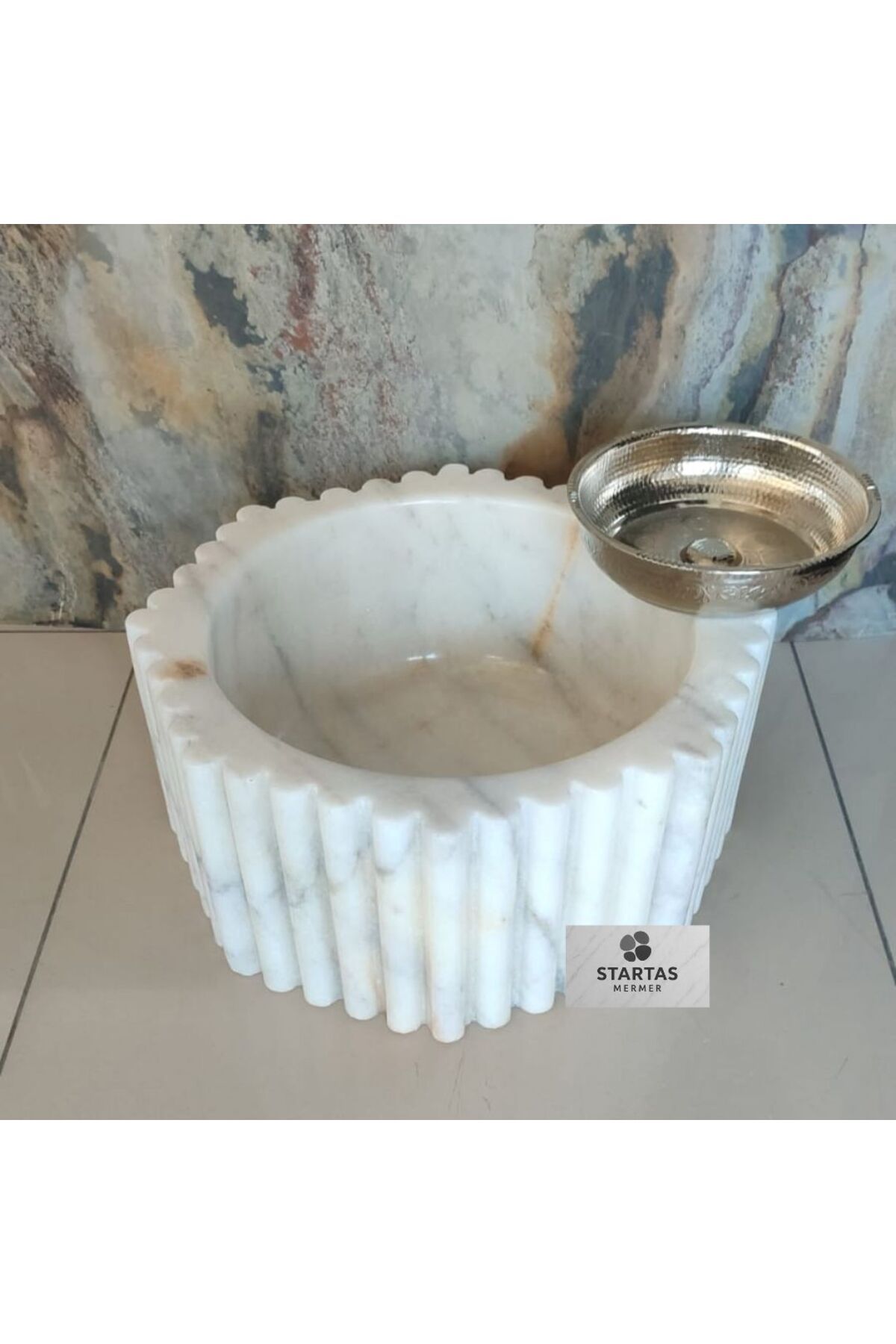 STARMARBLE Muğla Beyaz Fitilli Yuvarlak Kurna