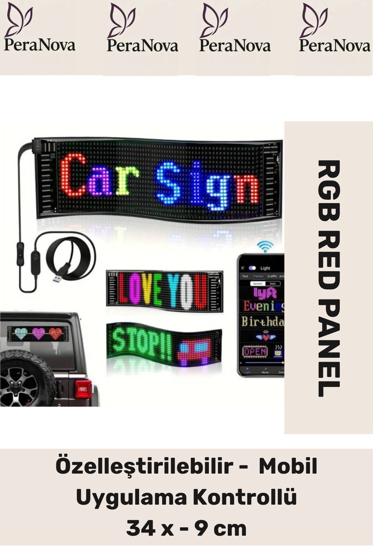 PeraNova Taşınabilir Özelleştirilebilir Cama Yapıştırılan Mobil Uygulama Kontrollü Araç Oto RGB LED Panel