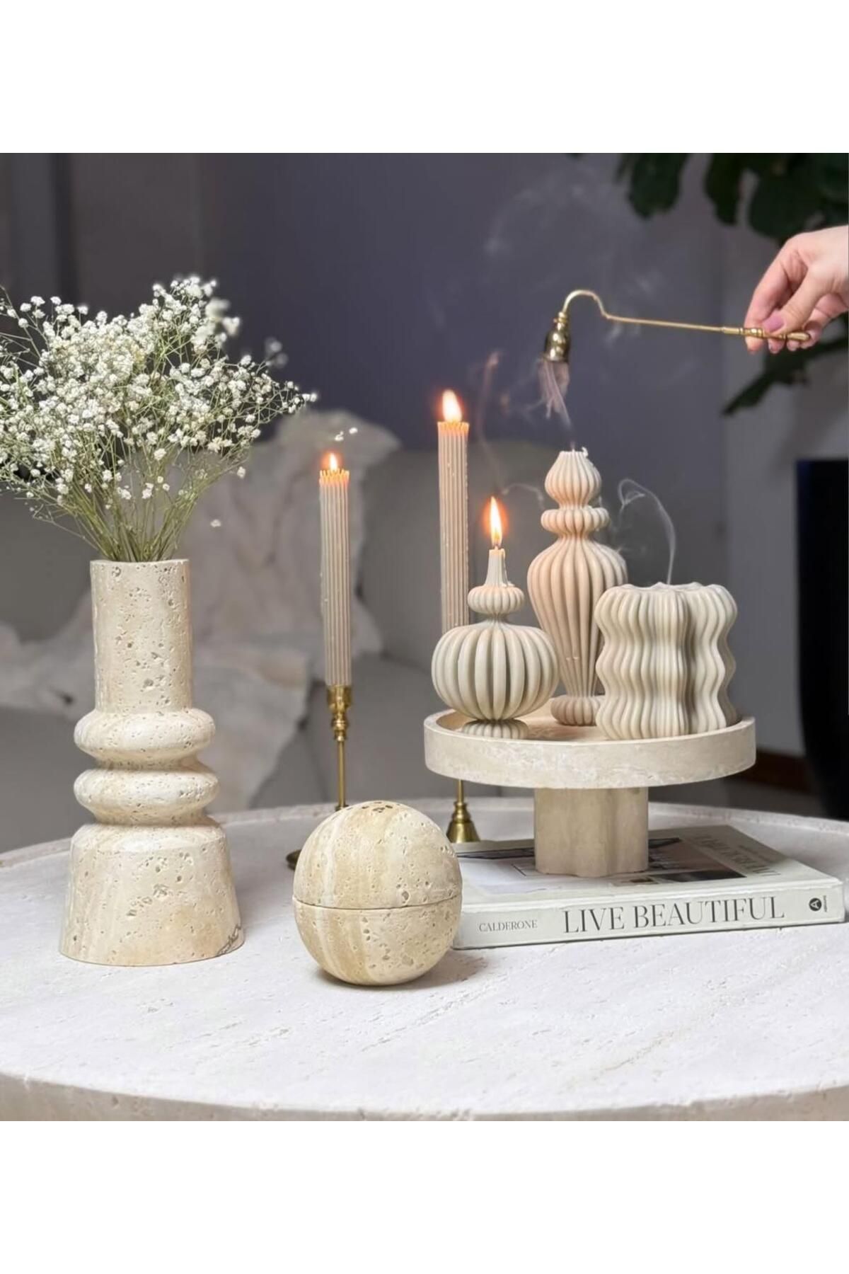 SCA CANDLE Dekoratif Mum Marako+Dalga+Şamdanlık MUm Toplam 5 Parça