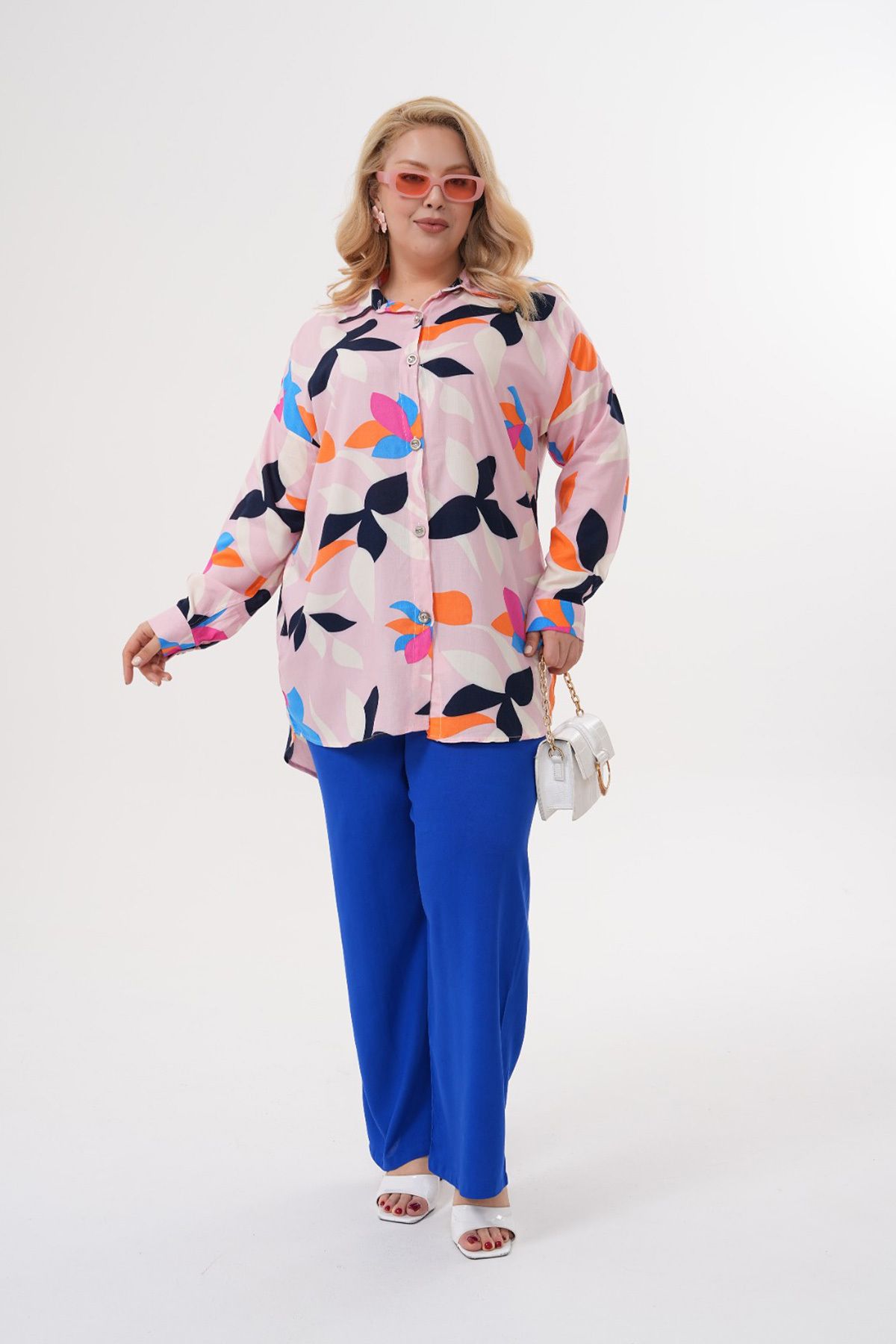 Polologin Butik Yaprak Desenli Pembe Viskon Tunik