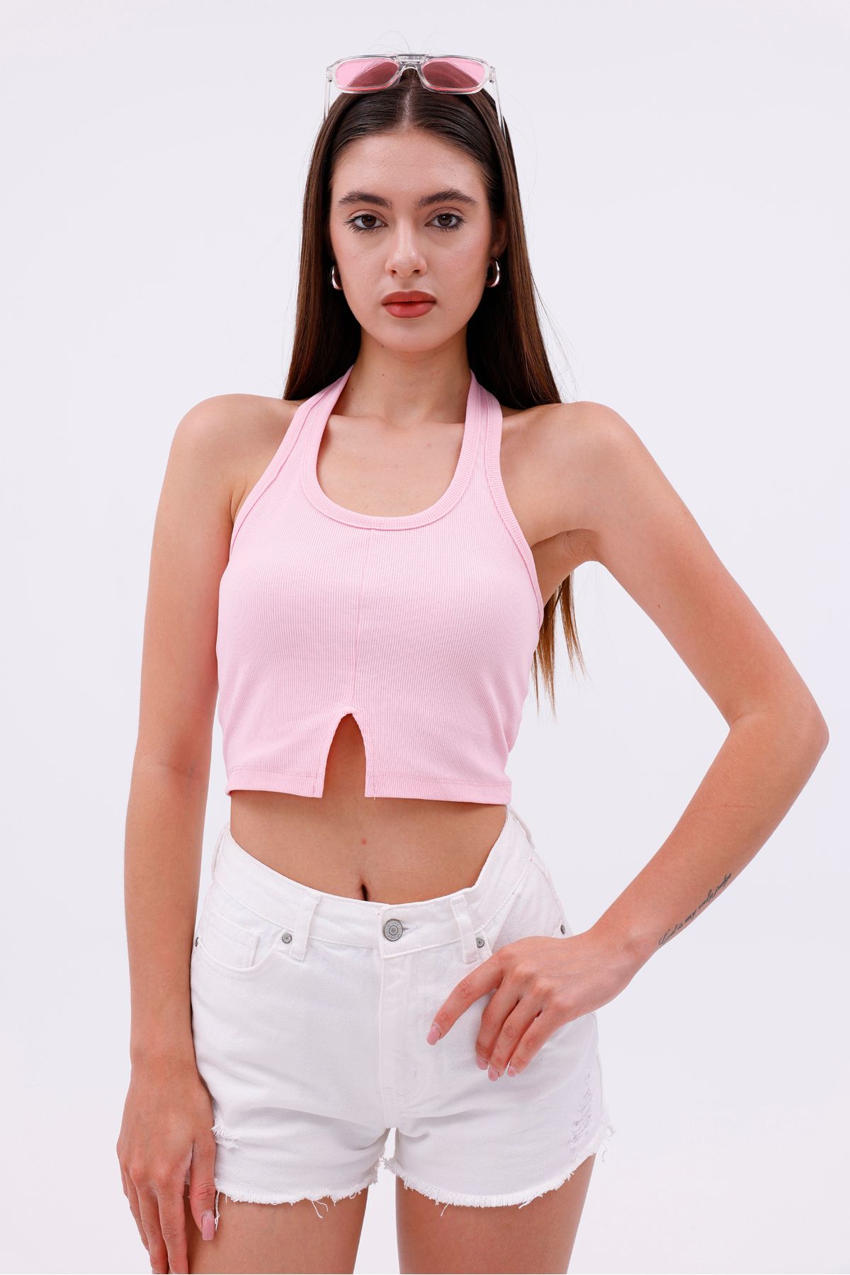 veira Pudra Pembe Halter Yaka Kaşkorse Crop – Ön Yarık Detaylı Yazlık Üst