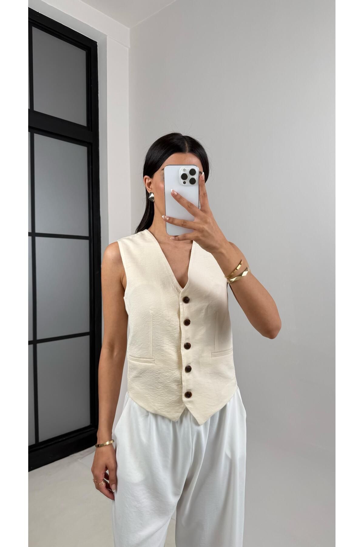 Gaus Taş Astarlı Kırışık Kumaş Yelek Gaus00539
