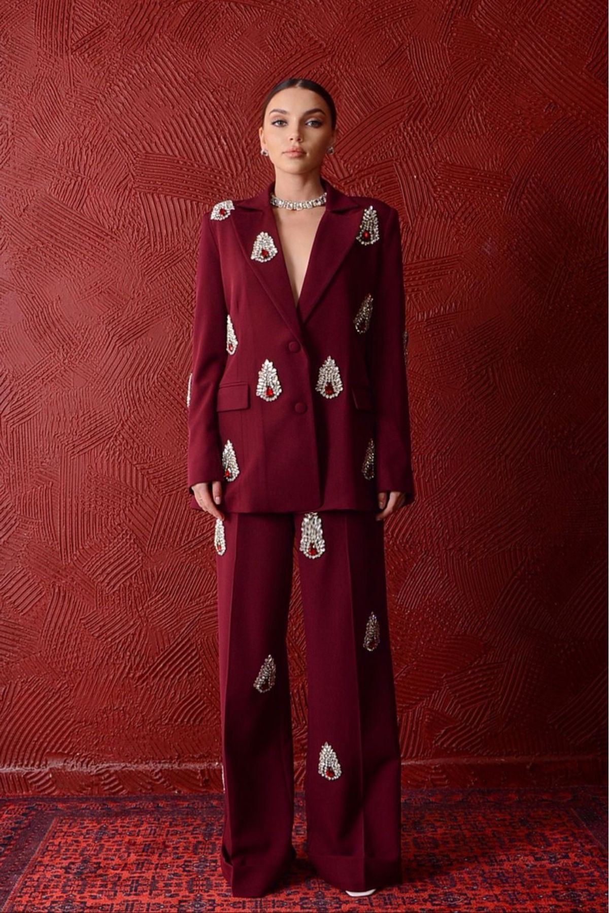 Bohai Design Özel Tasarım Bordo Taş Detaylı Ceket Pantolon Alt-Üst Takım