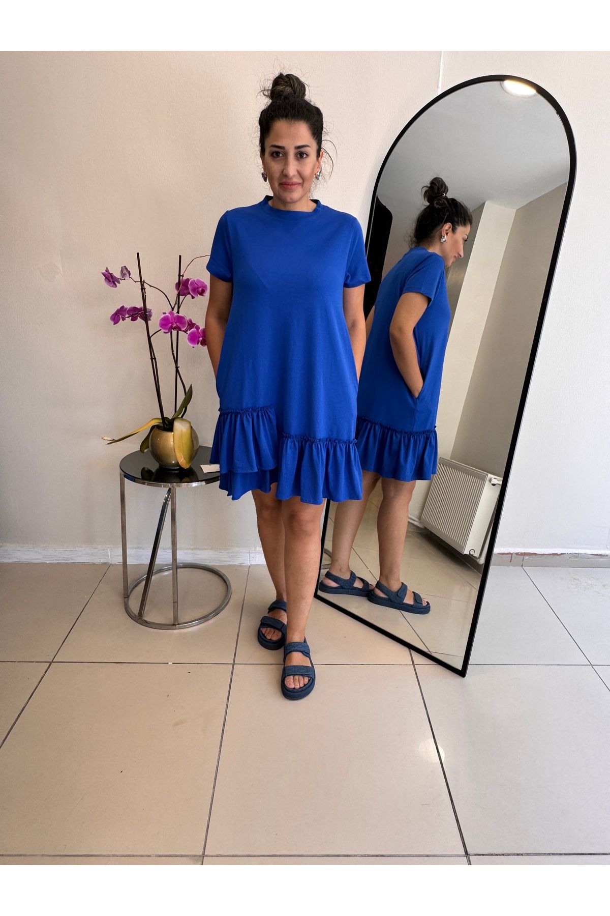 Arzu Yıldırım Butik Kısa Penye Volanlı Fırfırlı Sıfır yaka Kısa Kollu Elbise