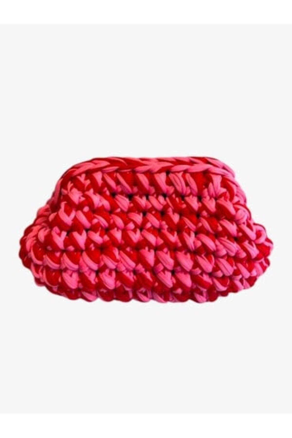 Qielle Burslu Kapama Kırmızı Pembe El Örmesi Clutch