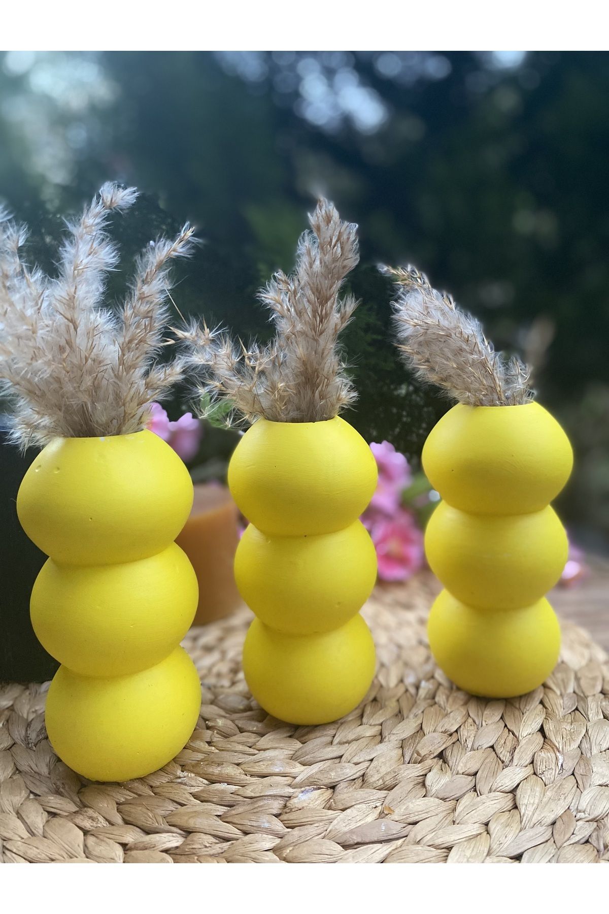 Elioure Şık 3'lü İskanvazı Beton Dekoratif Vazo Takımı, 15 cm, Sarı
