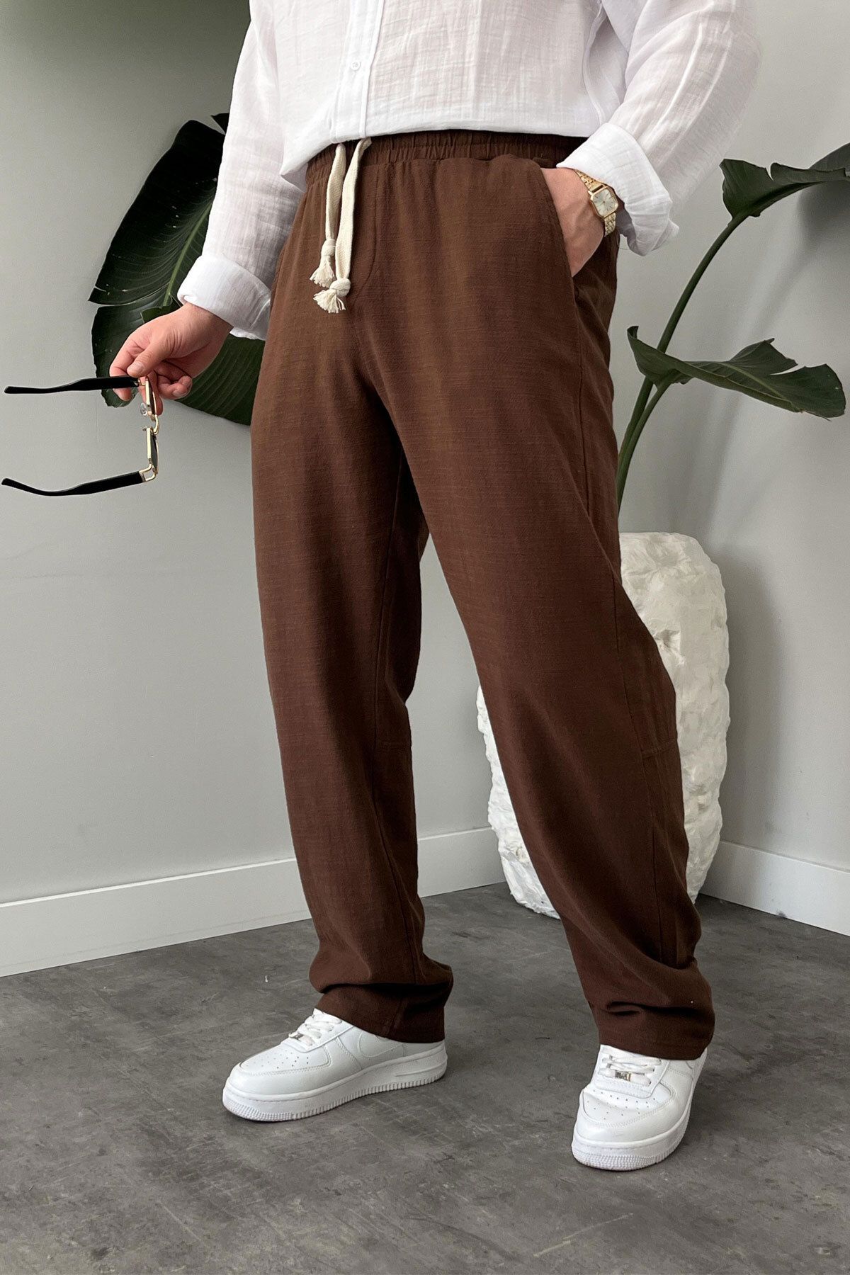BayAygün BayAygun 5070 Baggy Joger Keten Pantolon_Kahve