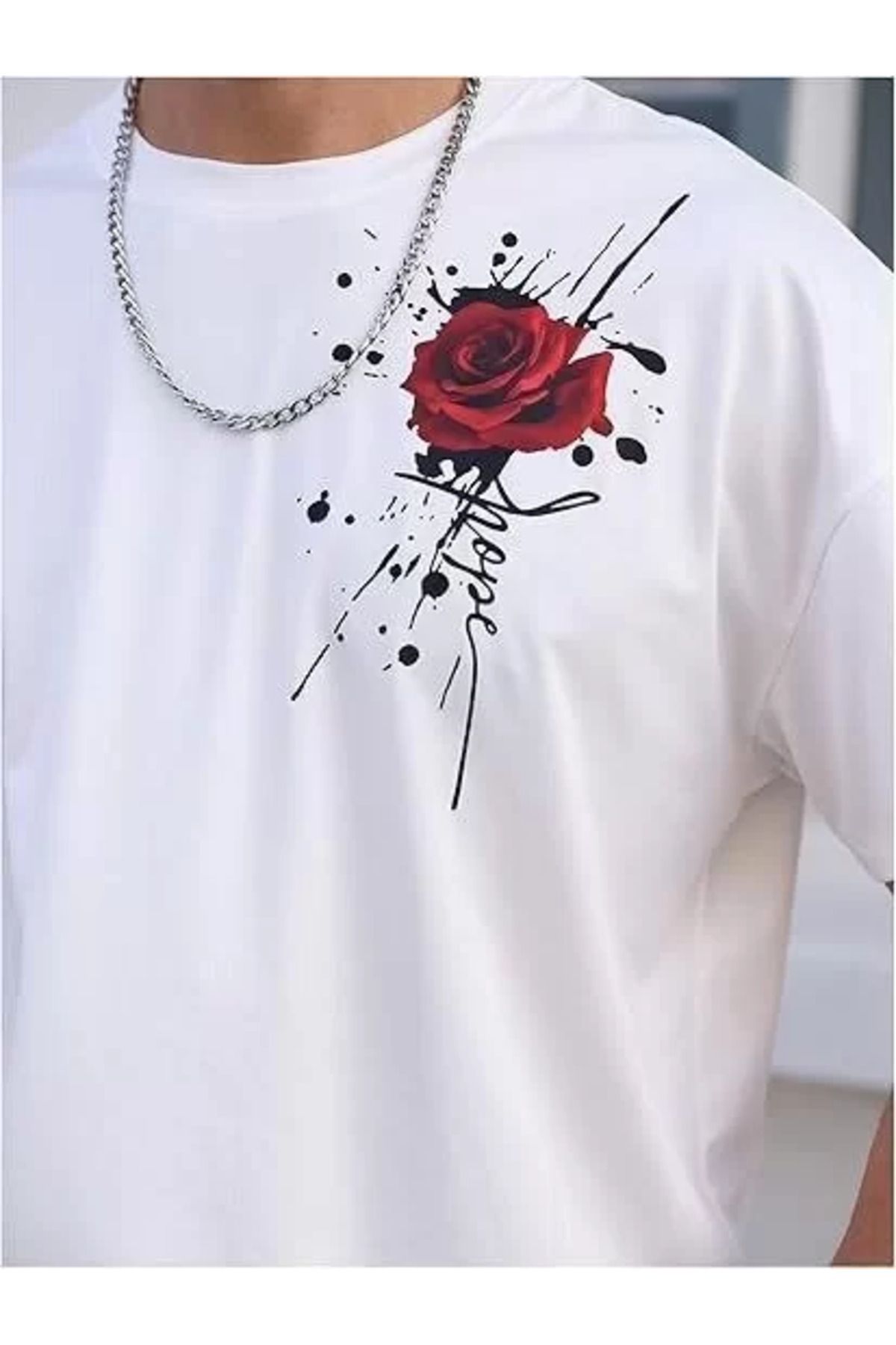 FantaziAtölyesi Erkek Bisiklet Yaka Kısa Kol Baskılı T-shirt - Beyaz