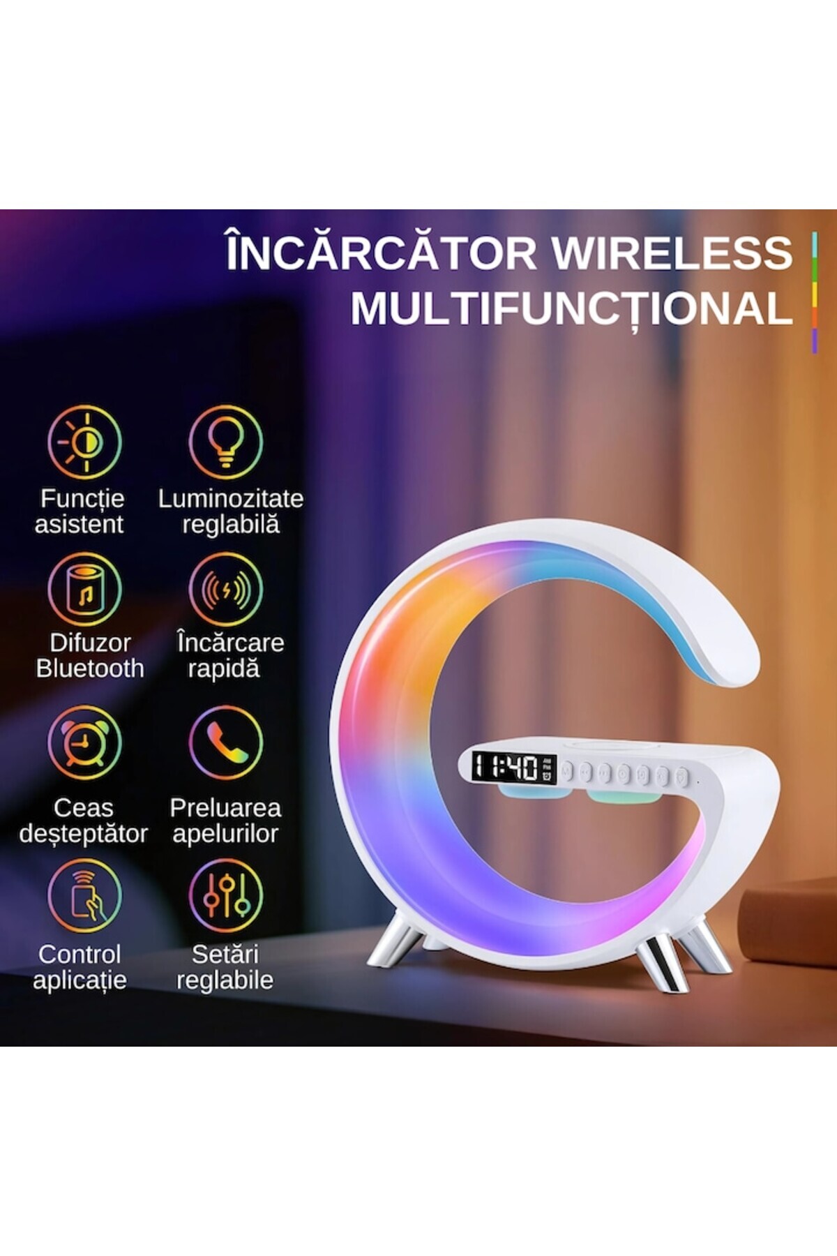 Z Zeleno-Wireless Charger and Smart LED RGB Lamp, Adjustable Lights, Fast Charging 15W, App Control 3