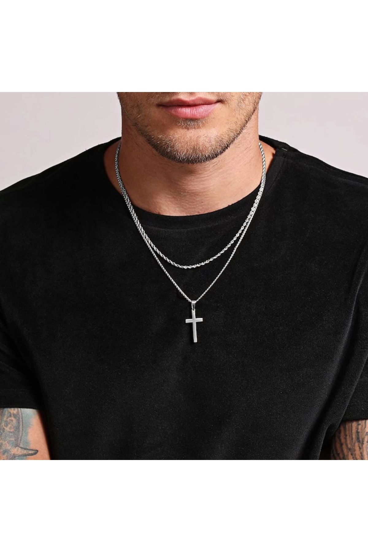 Tessero-Set doua lantisoare model Rope Chain si design cubic cu pandantiv in forma de cruce, otel inoxidabil 3