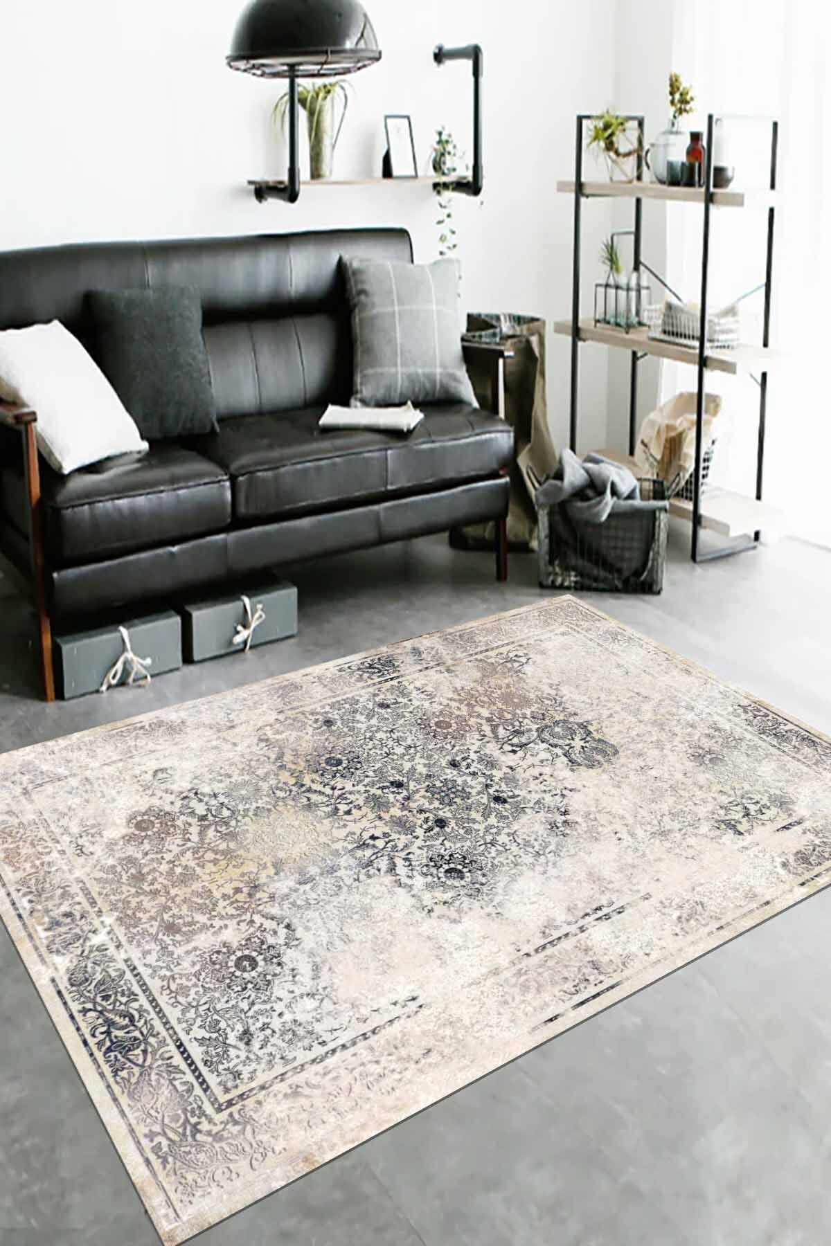 Lattedizayn Hugo Eskitme Yıkanabilir Kaymaz Pamuk Taban Kadife Salon Mutfak Halısı Yolluk Kilim