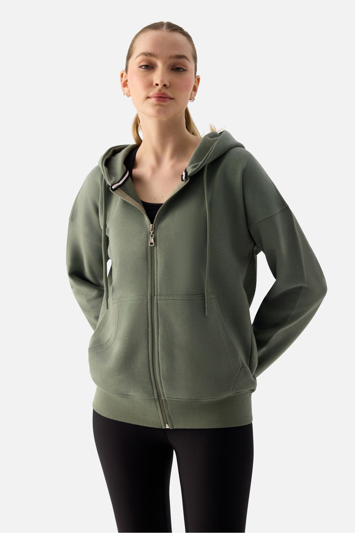 Superstacy Luna Fermuarlı Kapüşonlu Haki Sweatshirt