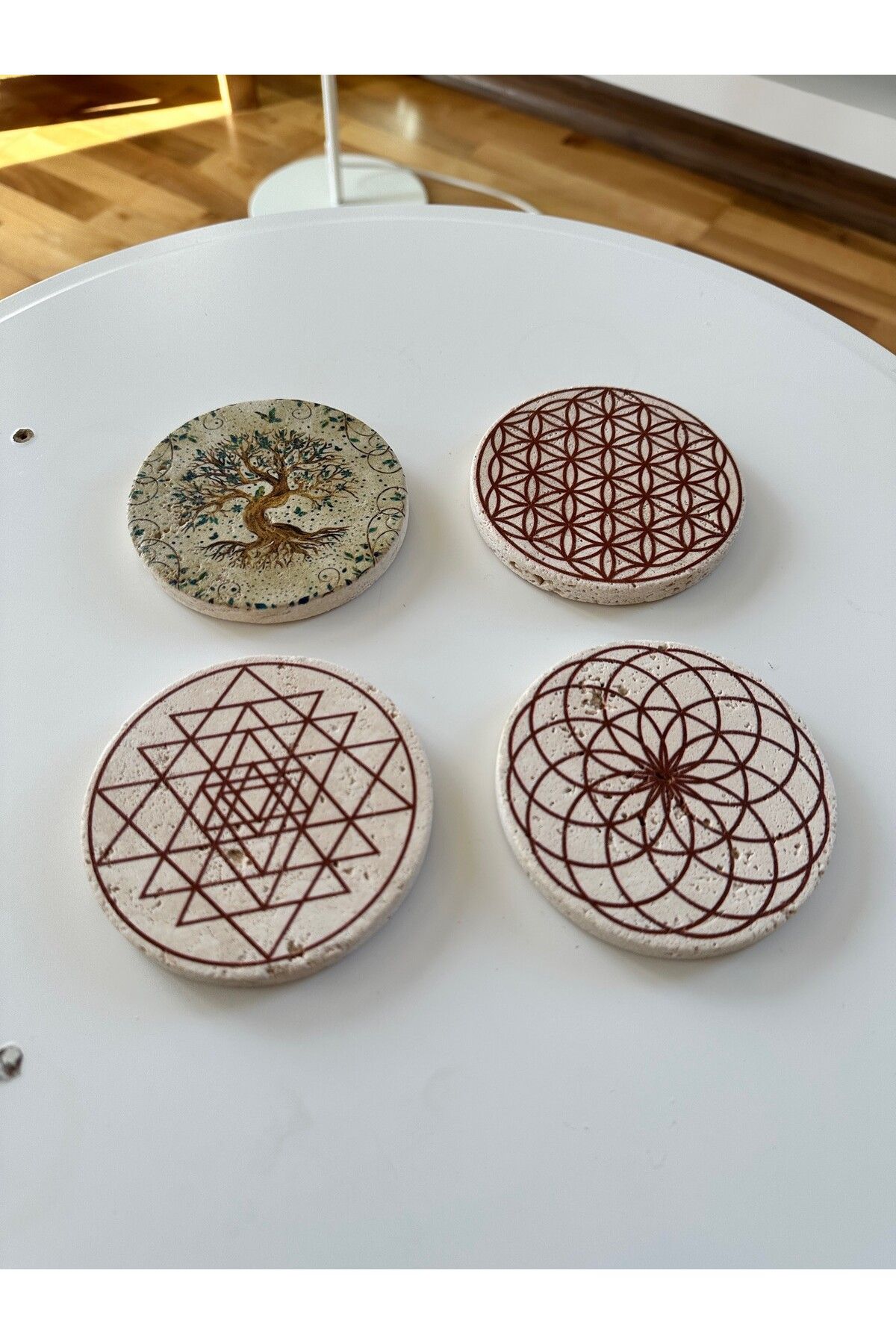 Oscar Stone Decor Doğal Taş Yuvarlak Mermer (TRAVERTEN) Bardak Altlığı Stone Coasters 4’lü Set