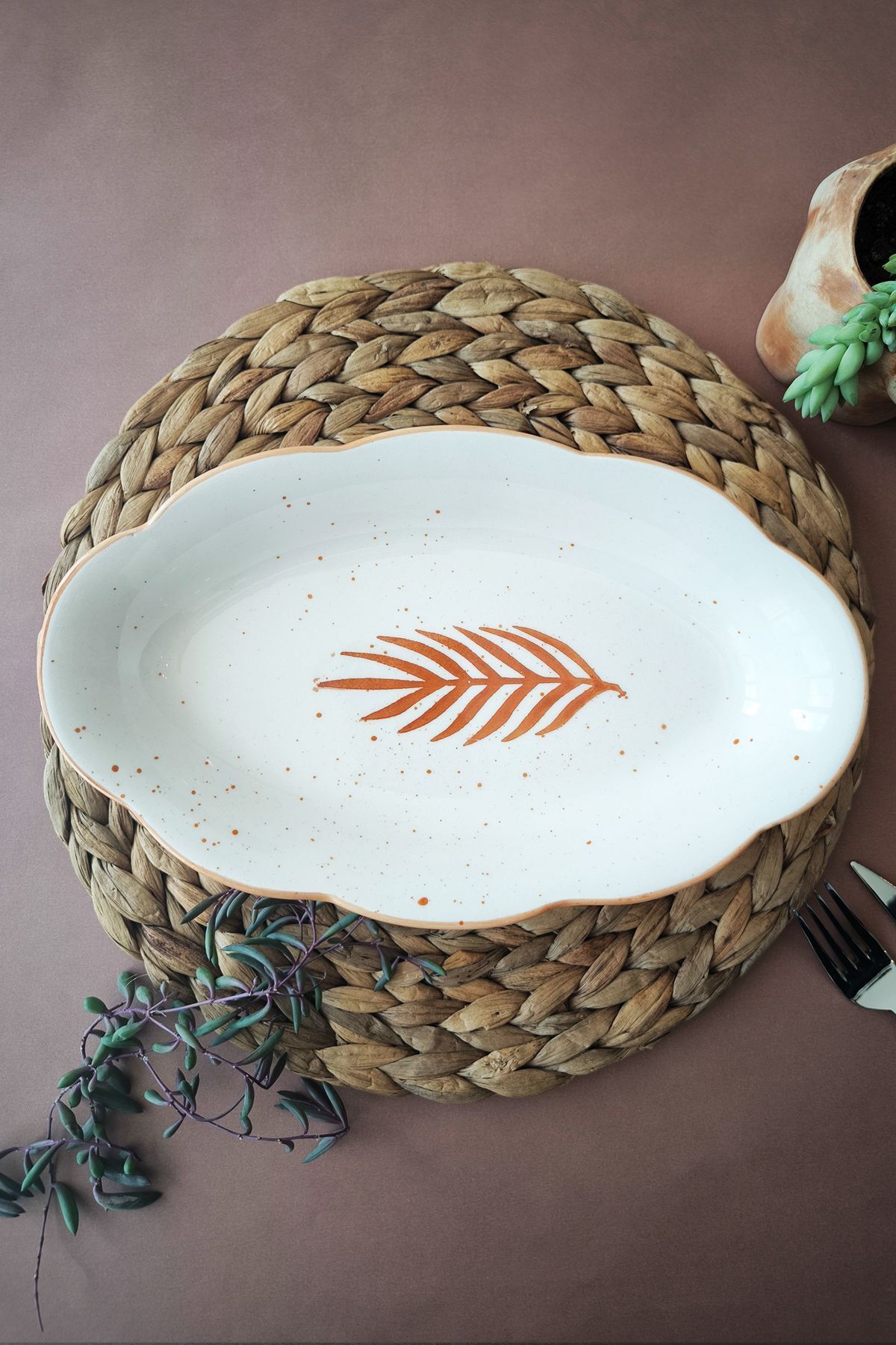 devigo Başak Desenli 30 cm El Yapımı Kayık Tabak | Servis, Salata, Meyve Sunumları İçin
