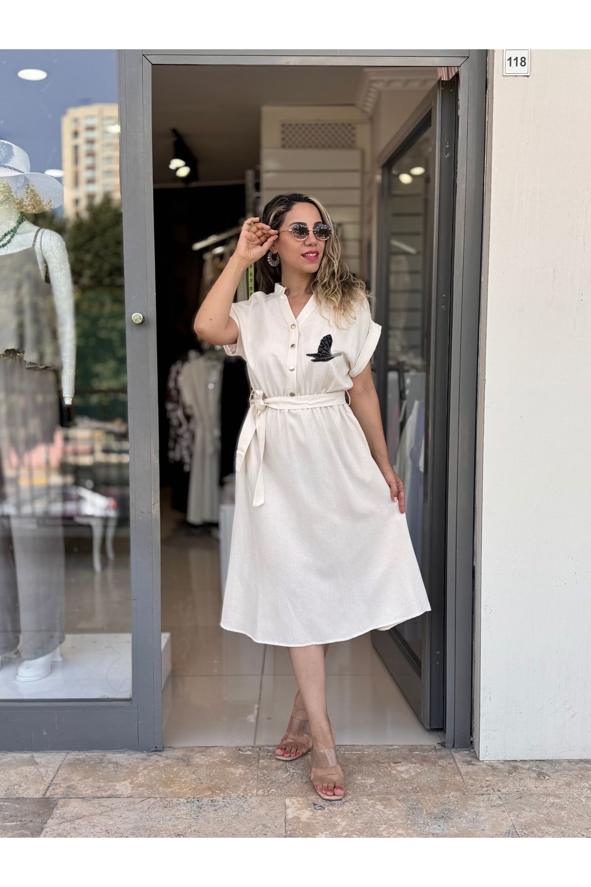 Rozella Butik Ekru Kısa Kollu Elbise
