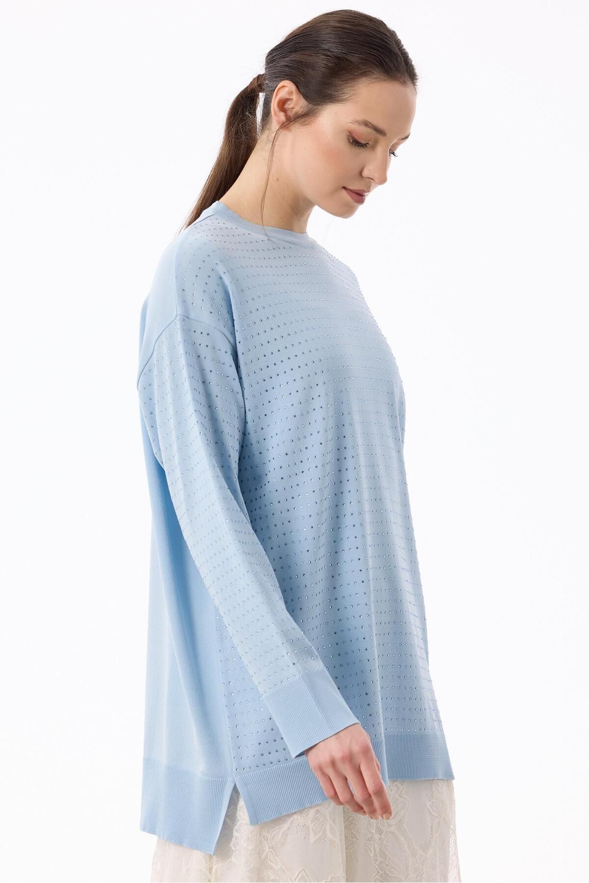 Tığ Triko Taş Baskılı Rayon Tunik MAVİ
