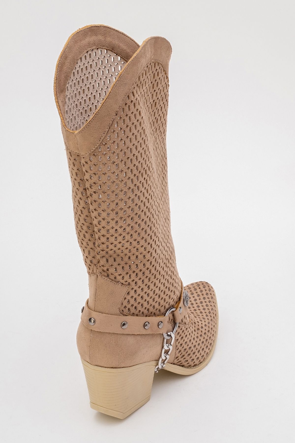 LuviShoes-Γυναικείες καλοκαιρινές μπότες LIZA Σκούρο Μπεζ με Χοντρό Τακούνι 9
