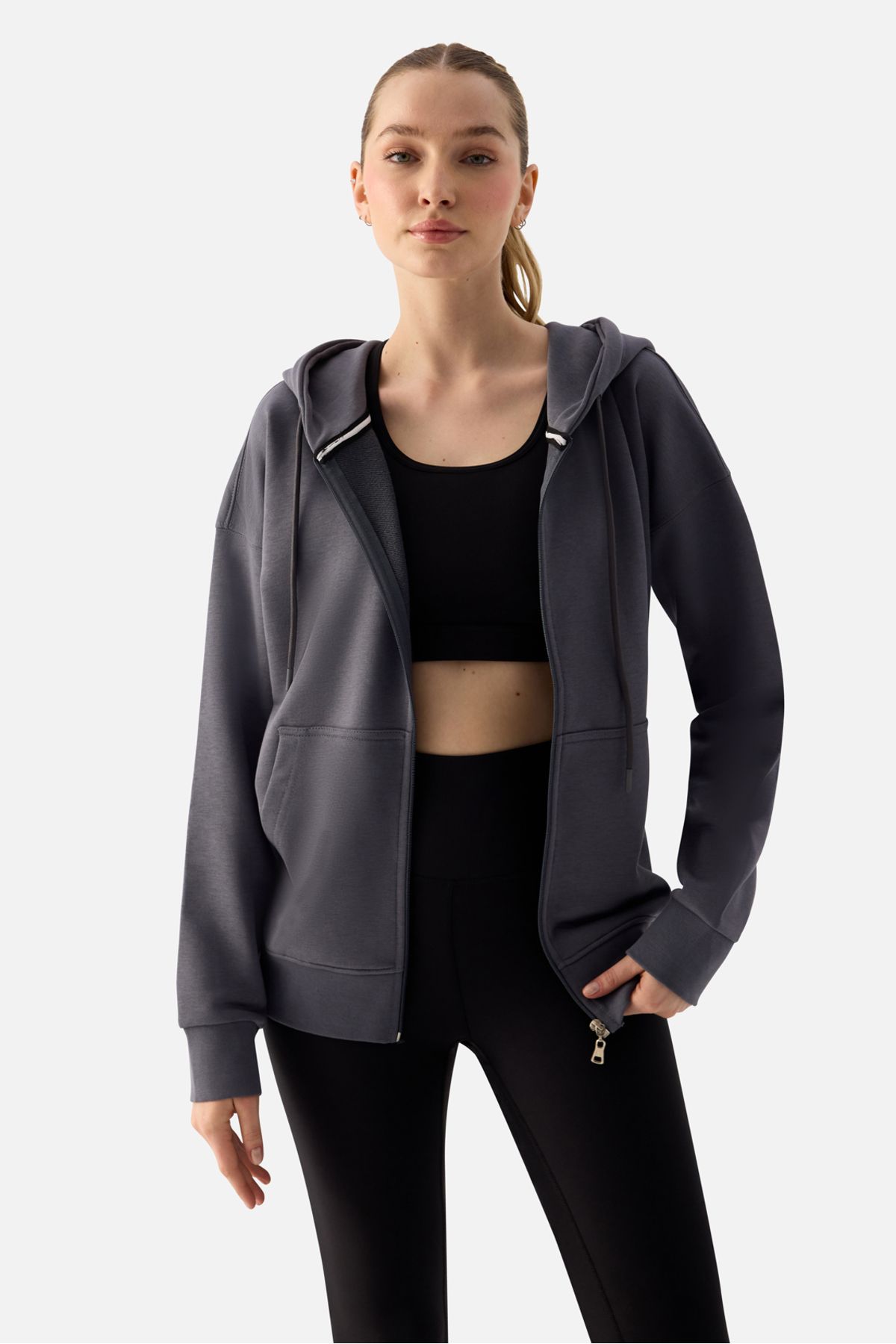 Superstacy Luna Fermuarlı Kapüşonlu Füme Sweatshirt