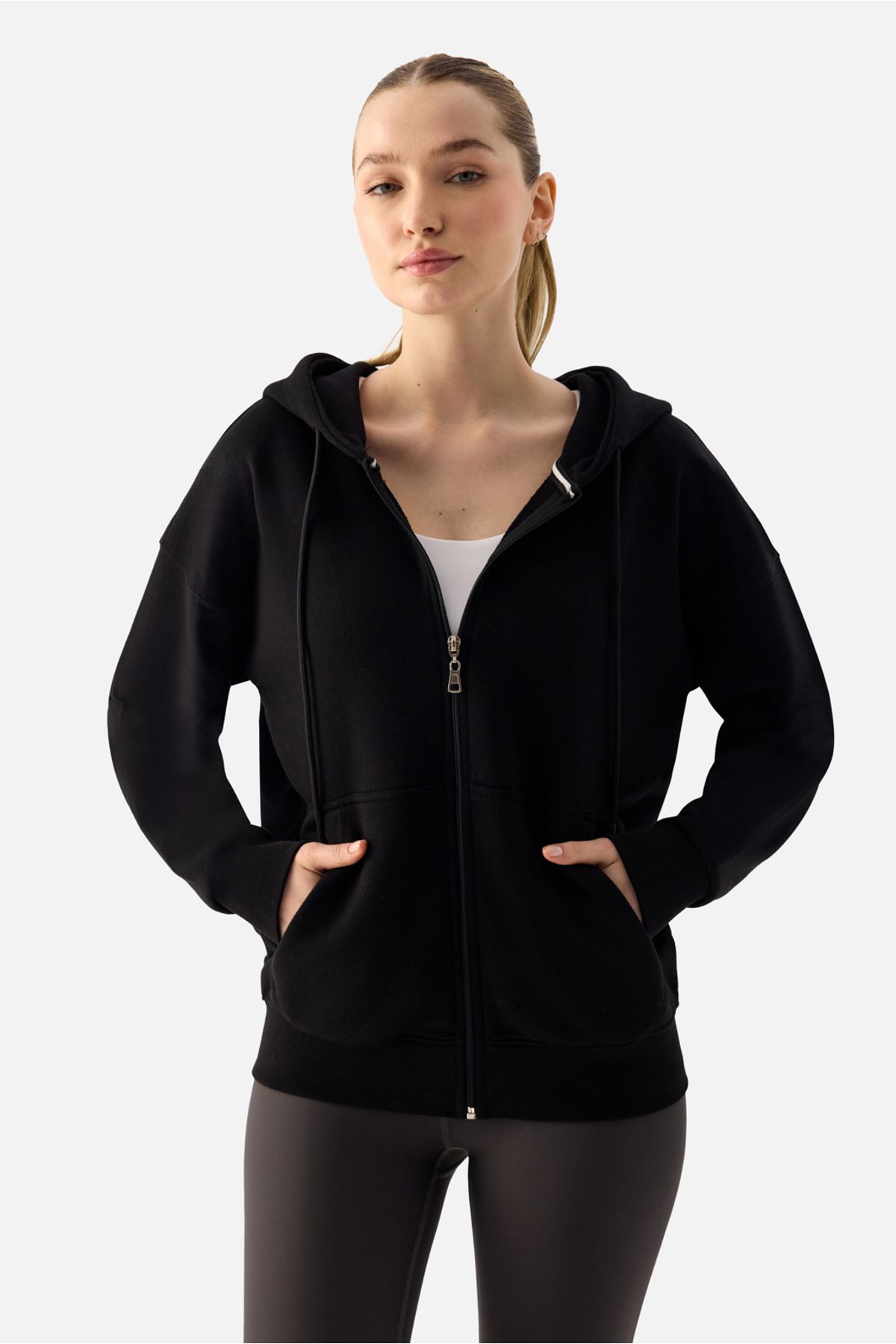 Superstacy Luna Fermuarlı Kapüşonlu Siyah Sweatshirt