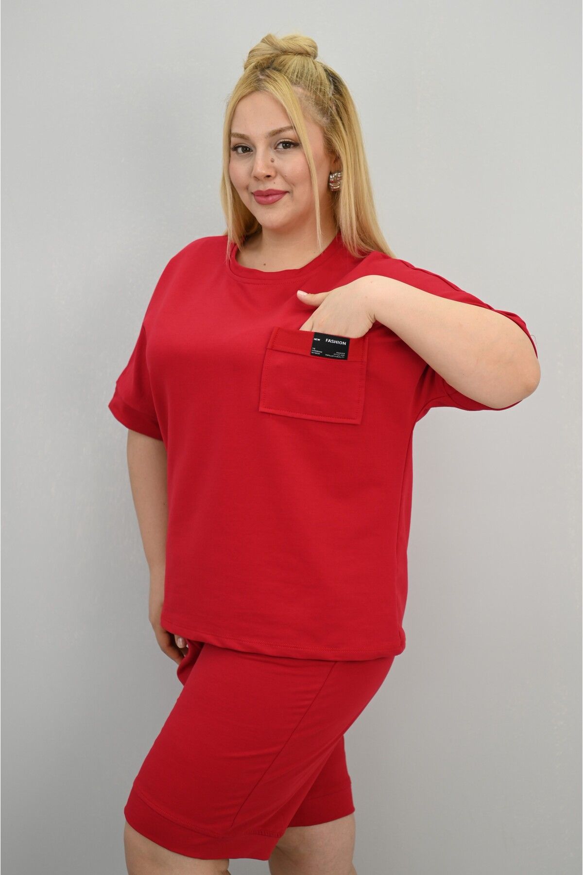 Koza Butik-Women's Plus Size Short Sleeve Pocket Detailed Shorts Set 8209-25 4