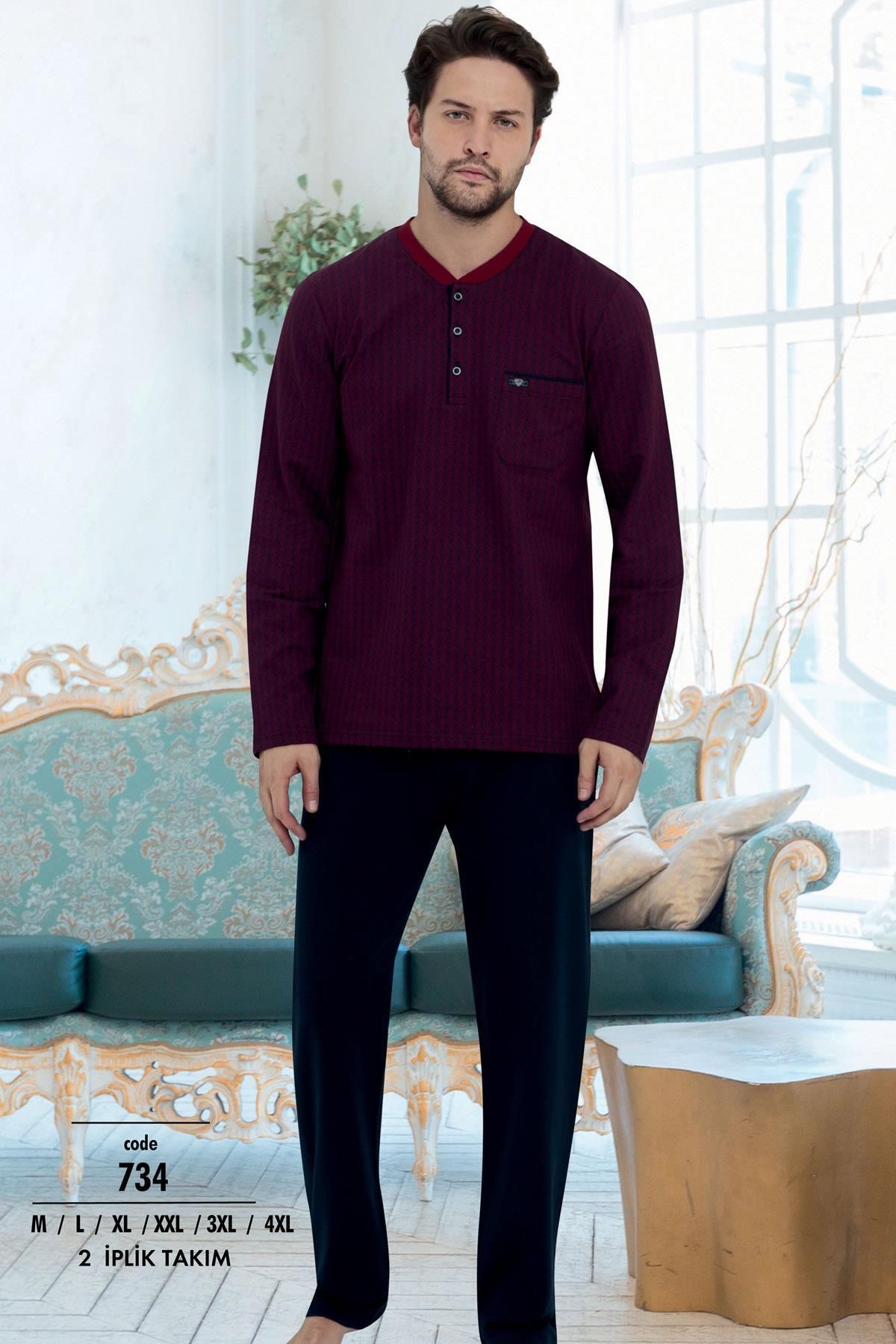Erse Erkek 2 İplik Uzunkol Pijama Takım, %100 Pamuk Büyük Beden Erkek Pijama Takım