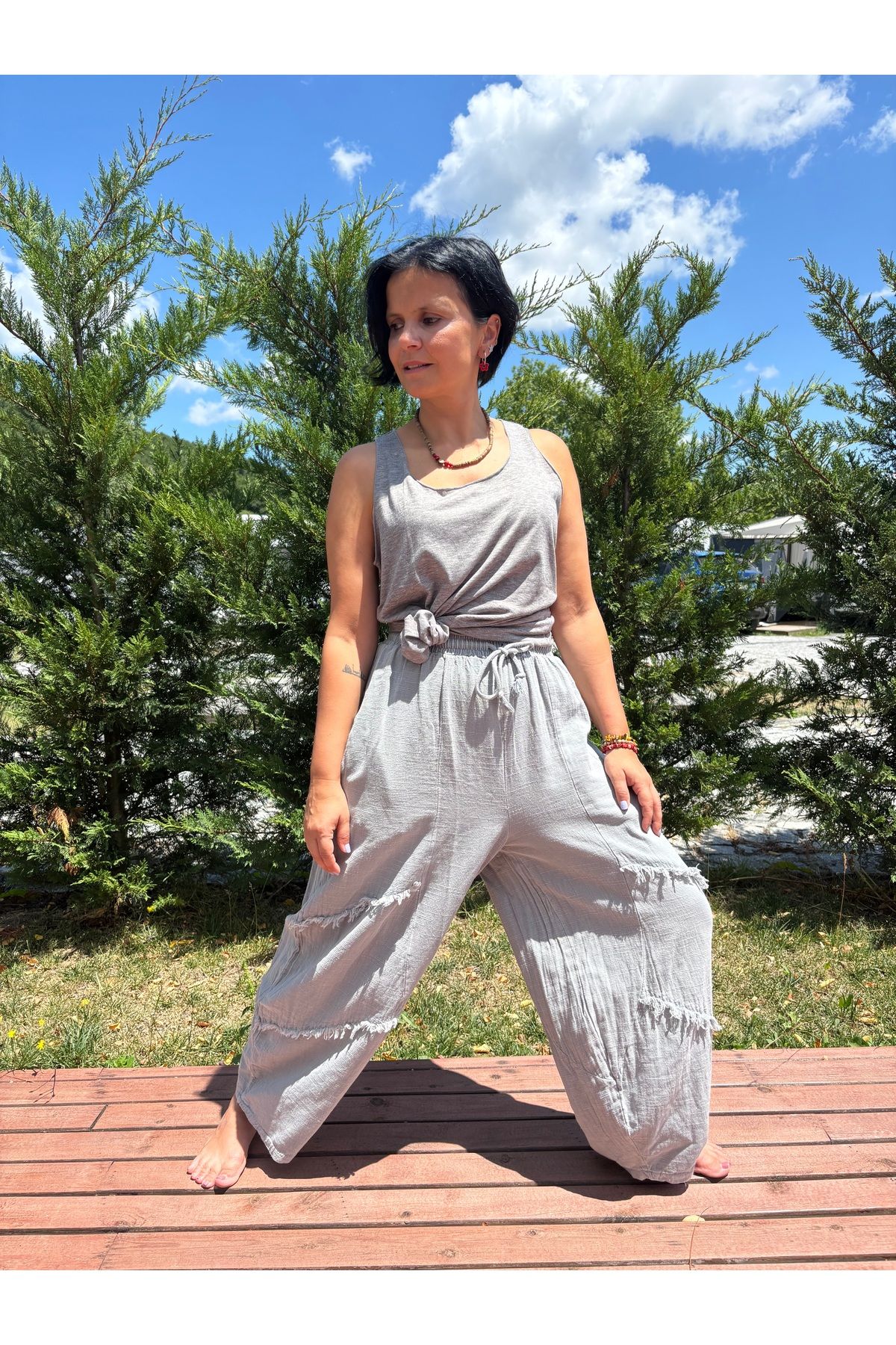 Bohoyasam Unisex Bohem Bol Paça Pantolon, Rahat Salaş Kesim, Lastikli Bel, %100 Pamuk, Haki, Kahve, Siyah, Bej