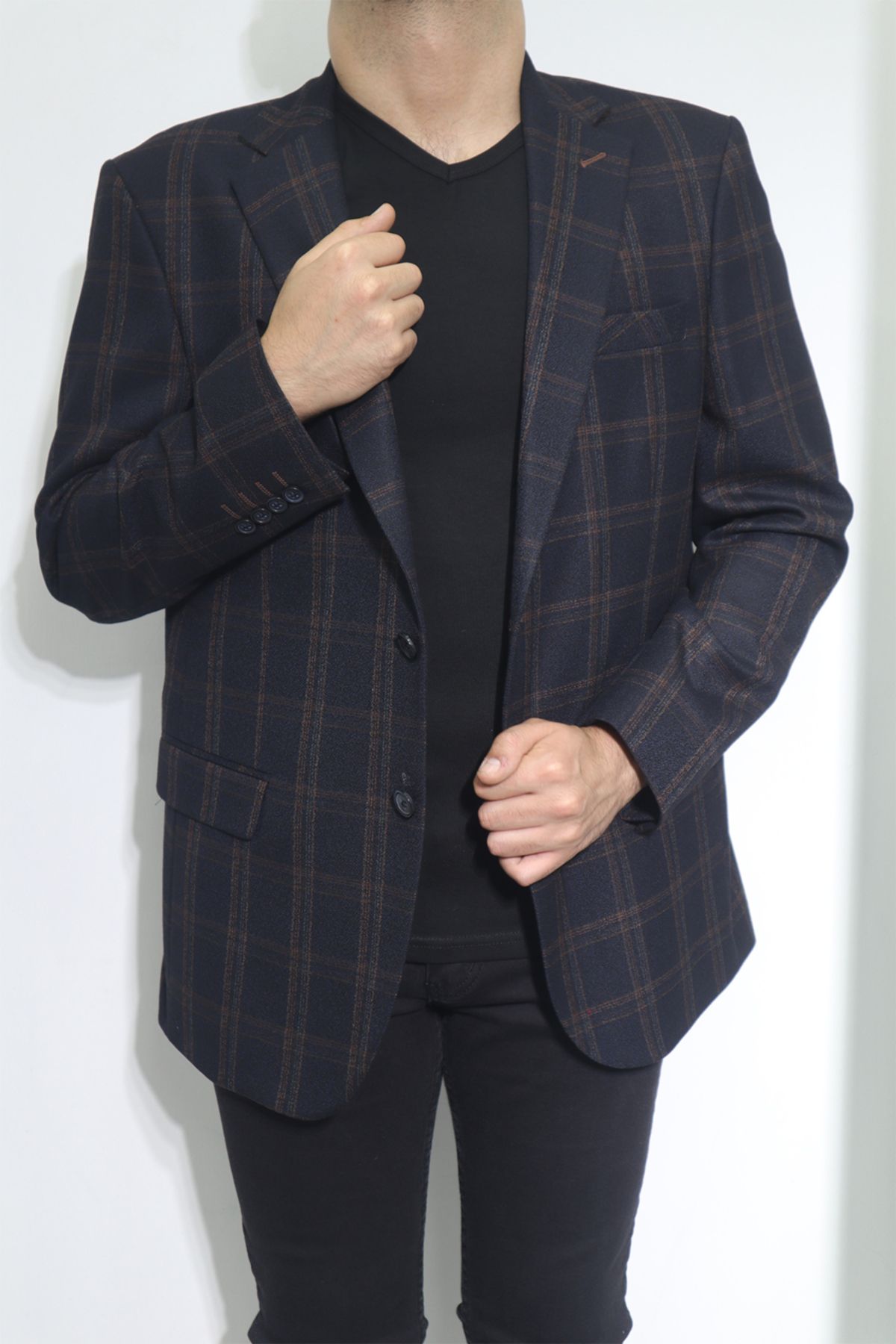 MODA MEN DMC TEKSTİL Erkek Lacivert Ekose Kareli Klasik Kesim Rahat Kalıp Çift Düğmeli 4 Drop Blazer Ceket