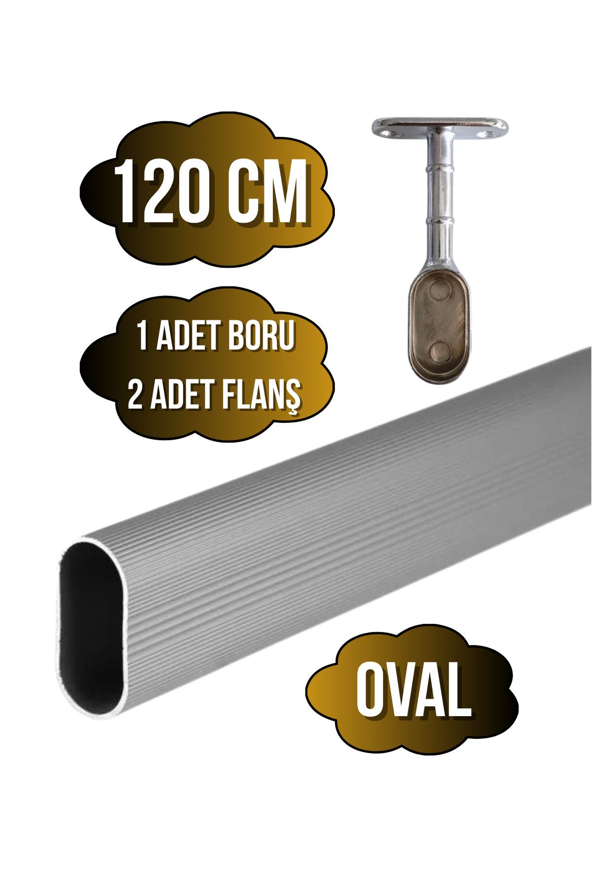 DSYapıAksesuar Alüminyum OVAL Dolap Mobilya Askı Borusu(120CM)(2 ADET AYAKLI KAPALI FLANŞ-1 ADET BORU)(ALÜMİNYUM)