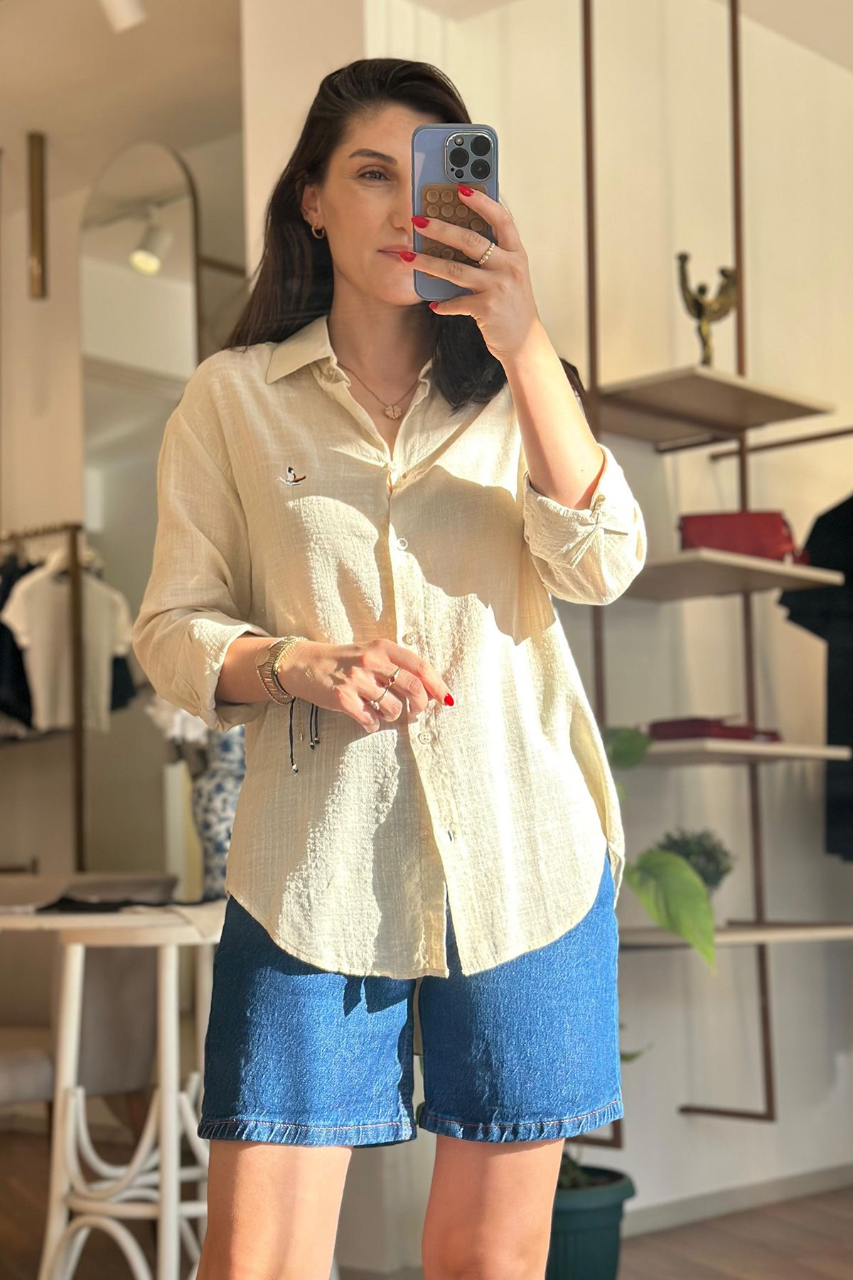 Unique Boutique Krem Oversize Keten Gömlek