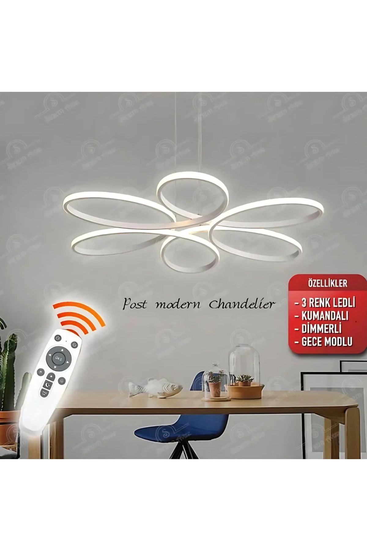 durulight Beyaz Kumandalı 3 Renk Ledli Dimmerli Sarkık Modern Ledli Avize