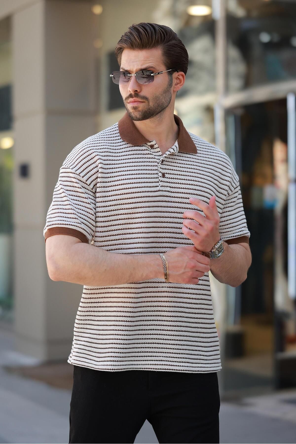 Madmext Kahverengi Polo Yaka Triko Erkek T-shirt E7139