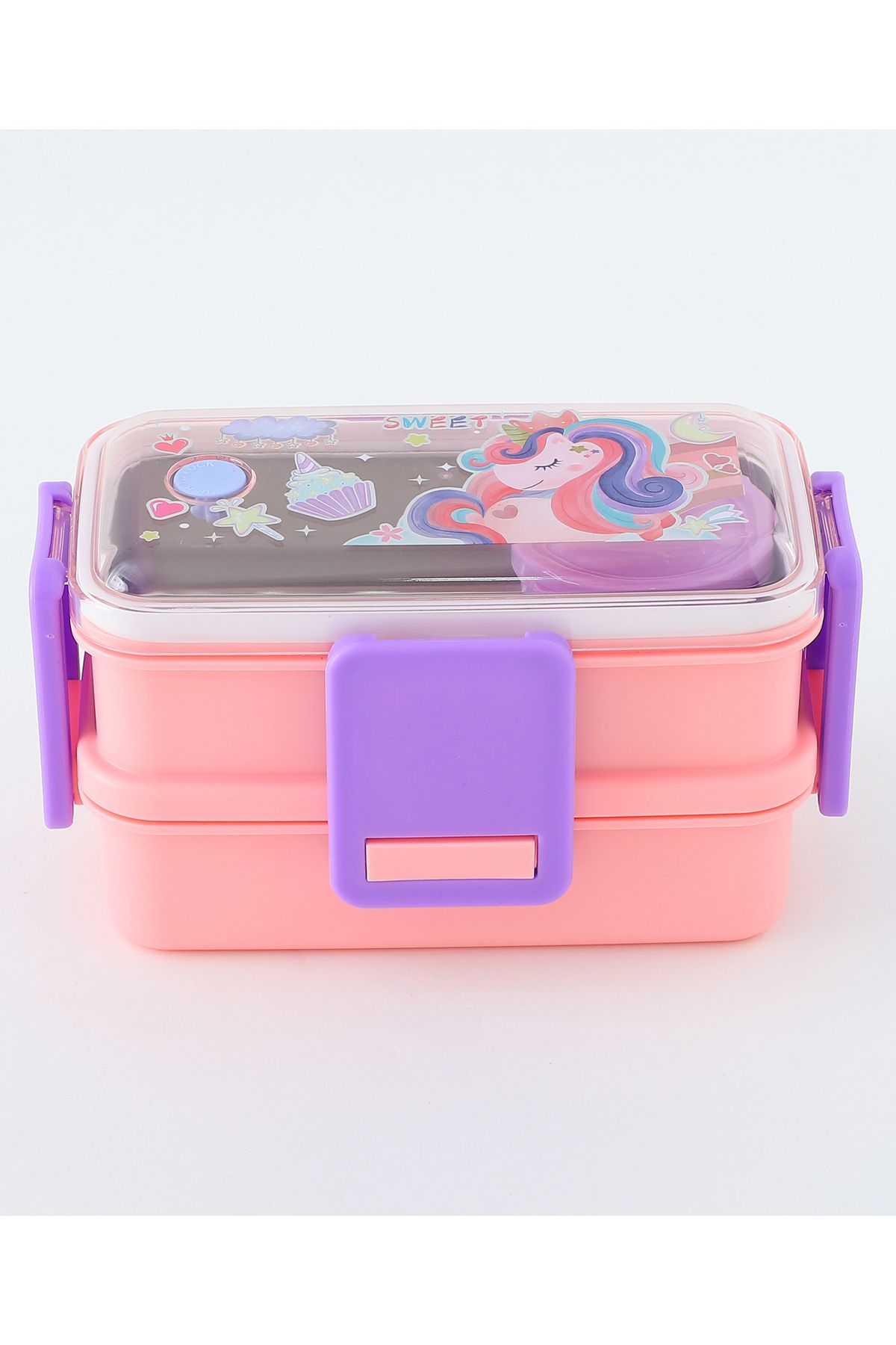 Fab N Funky-Unicorn Themed Lunchbox, Two Layers, Compact, Lightweight, 3 Years+, 18.5 x 10.8 x 11.1 cm - Pink 1