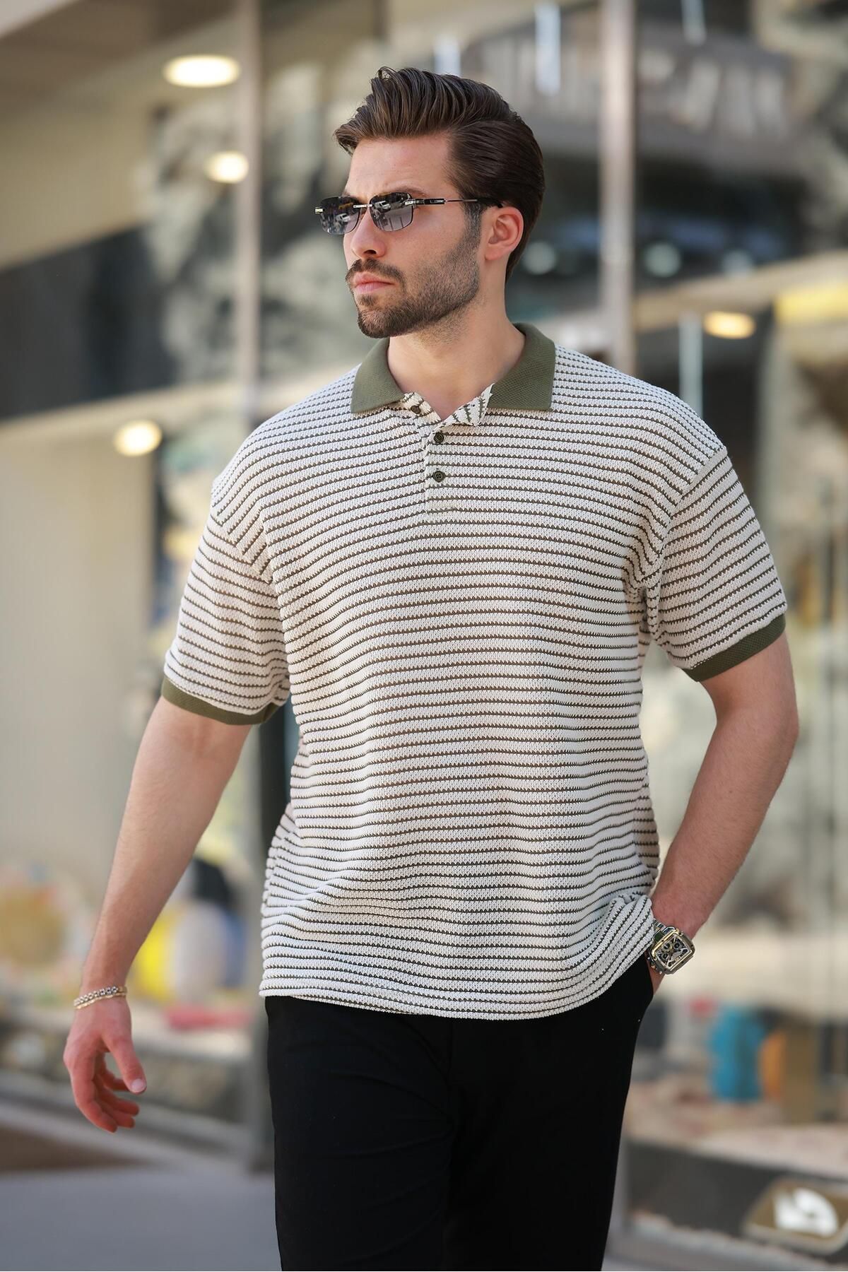 Madmext Haki Polo Yaka Triko Erkek T-shirt E7139