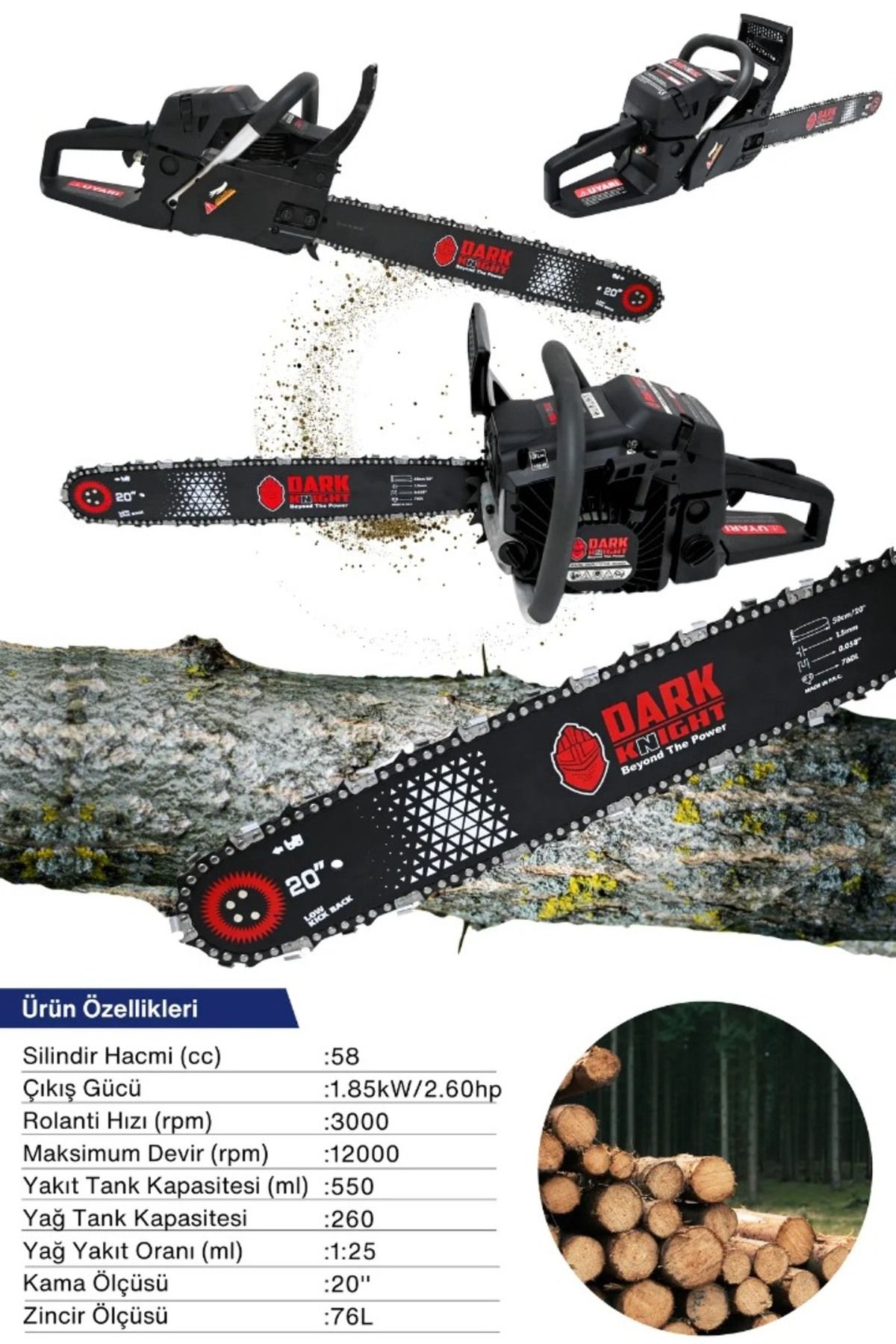 adden Dark Knight ADN0721 58cc 2.5kW 48cm 20 inç Benzinli Zincirli Testere Siyah