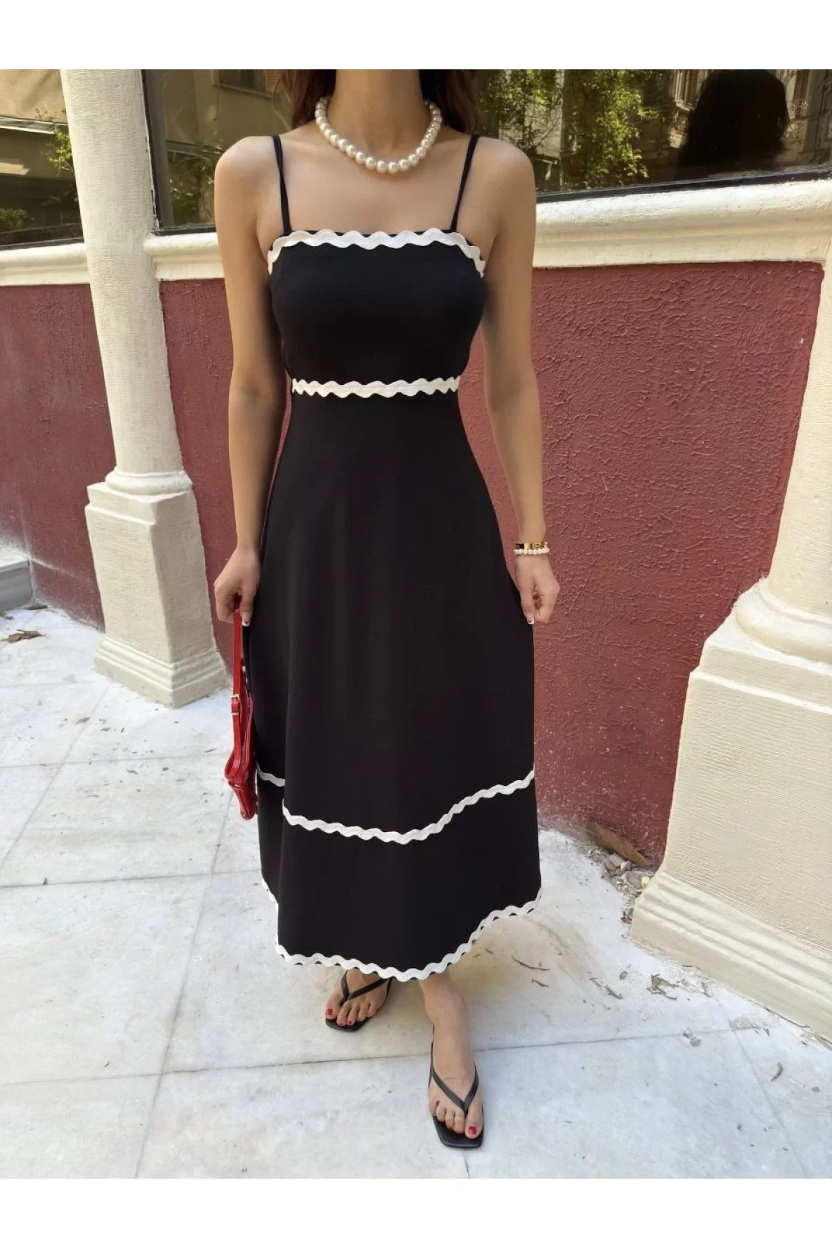 ruum fashions Askılı Uzun Şerit Detaylı Şık ve Rahat Elbise