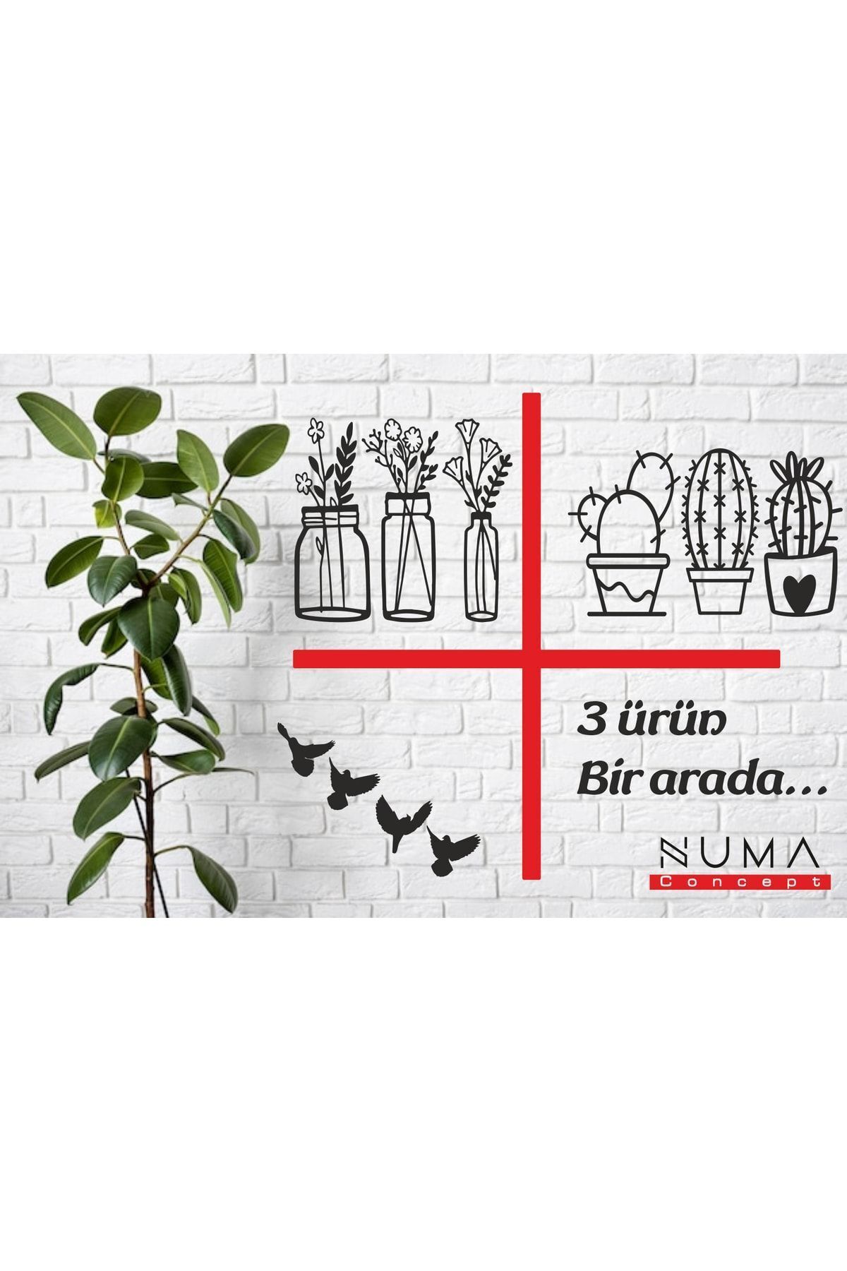 Elioure 4'lü Saksı Kaktüs ve Kuş Seti, Şık Dekoratif Bitki Aksesuarları